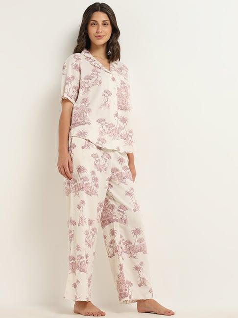 wunderlove by westside off-white printed shirt & pyjamas set