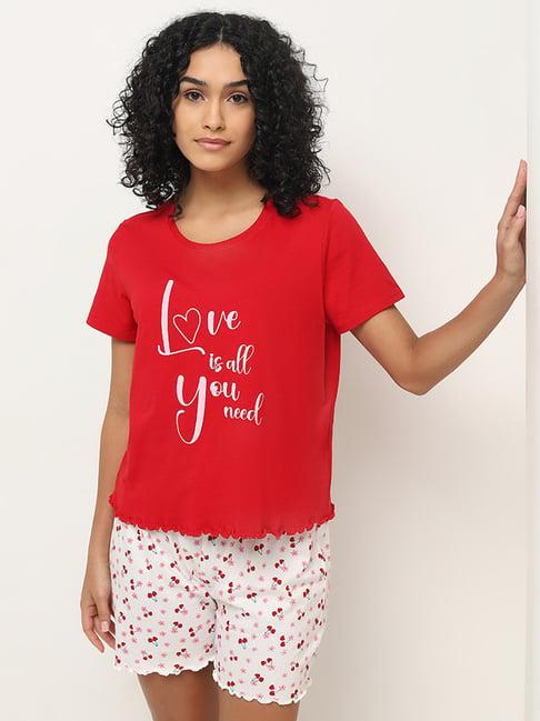 wunderlove by westside red text printed cotton shorts set in a bag