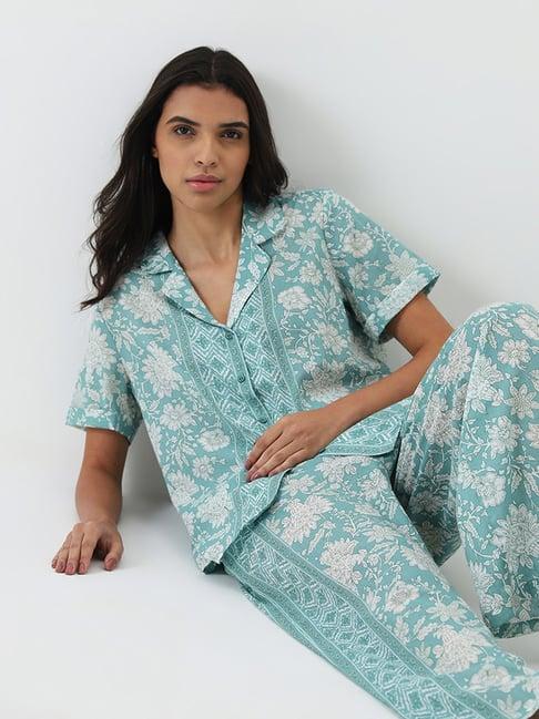 wunderlove by westside turquoise floral cotton shirt with pyjamas set