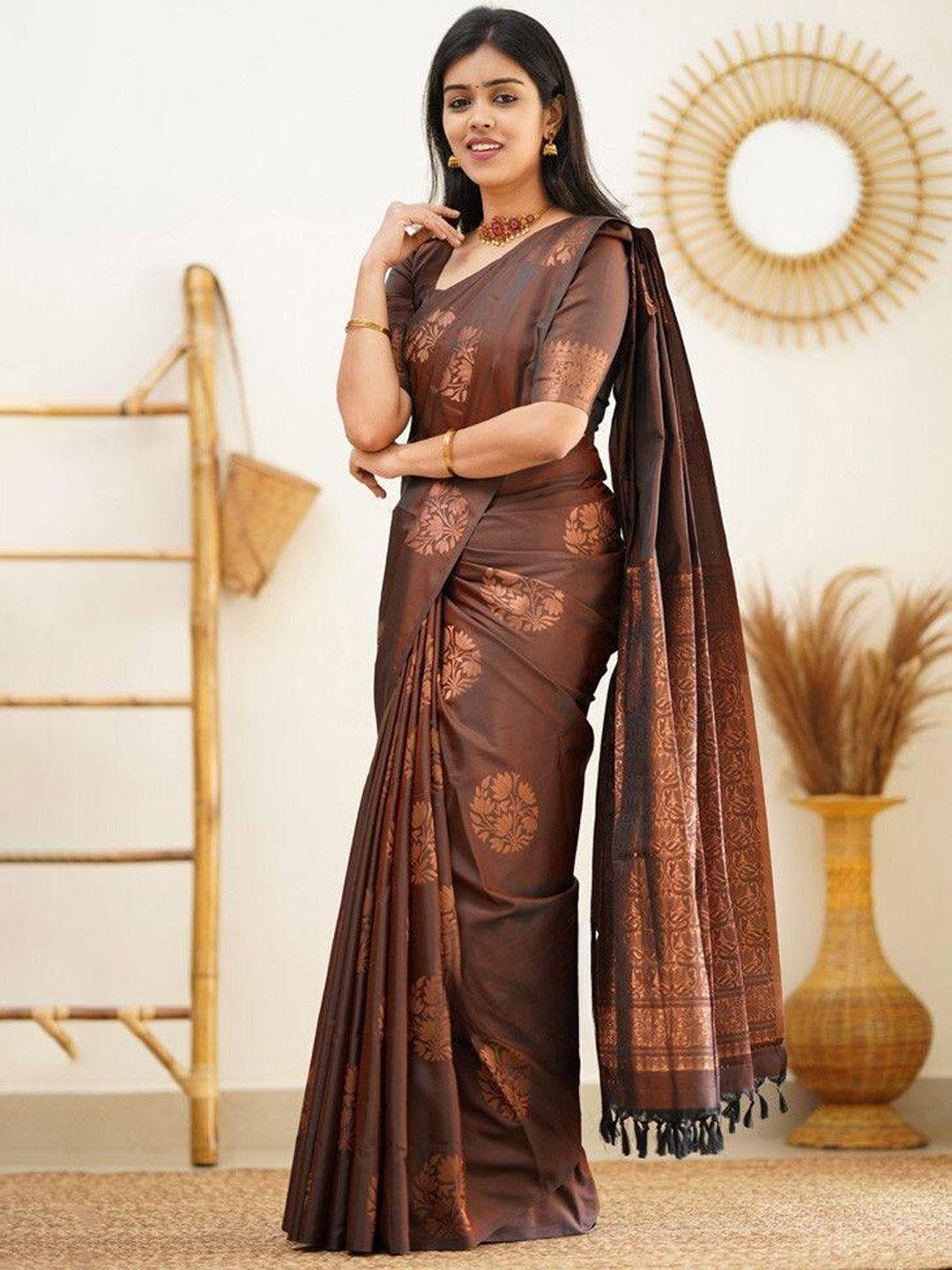 wuxi coffee brown & copper-toned floral zari pure silk banarasi saree