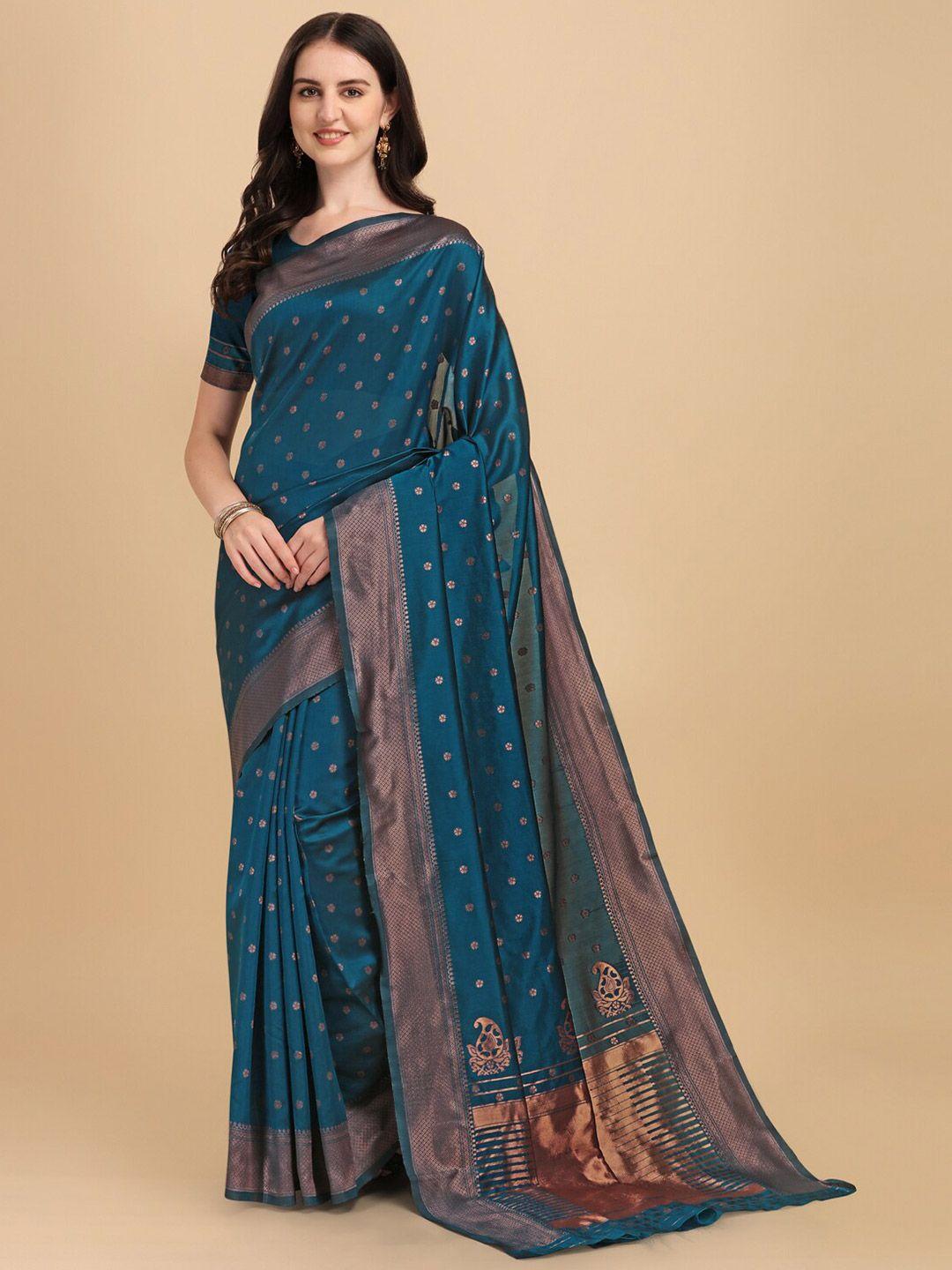 wuxi teal & gold-toned woven design pure silk banarasi saree