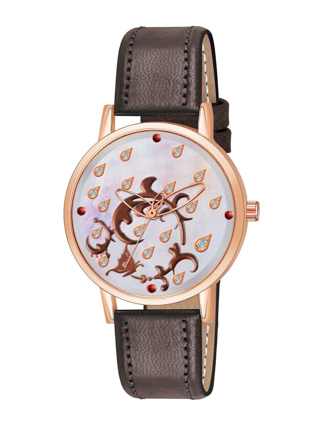 wuxi women ]brass printed dial & leather straps analogue watch m-876 brown