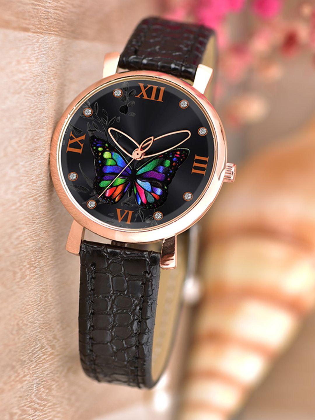 wuxi women black brass printed dial & black leather straps analogue watch m-872 black
