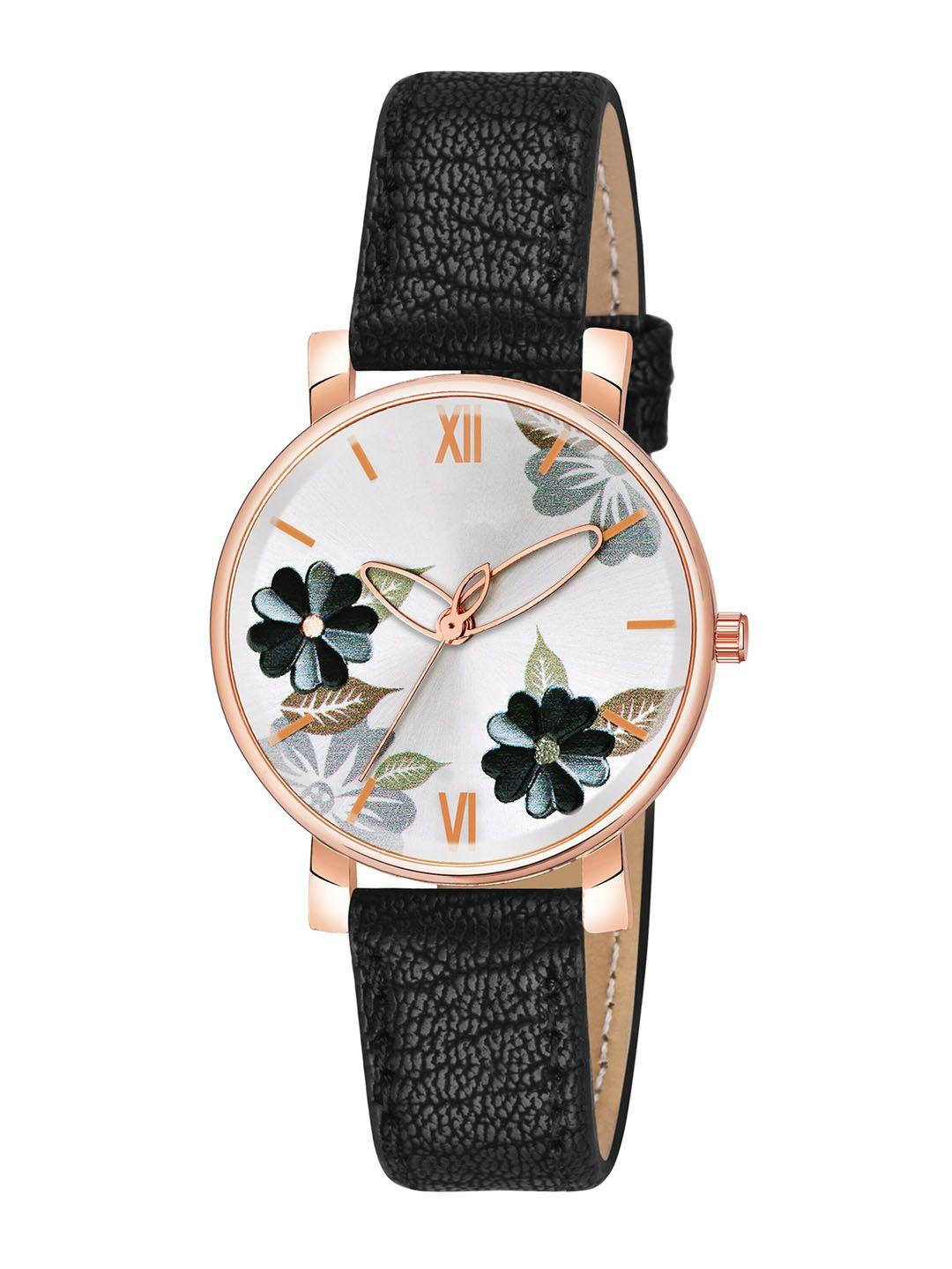 wuxi women black brass printed dial & black leather straps analogue watch