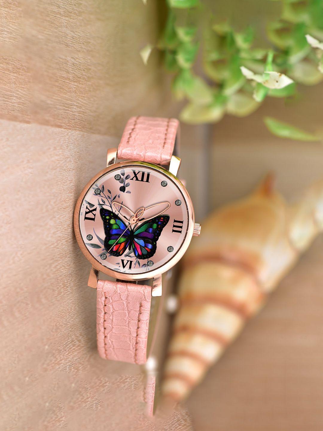 wuxi women blue brass dial & pink leather bracelet style straps analogue watch m-872 pink