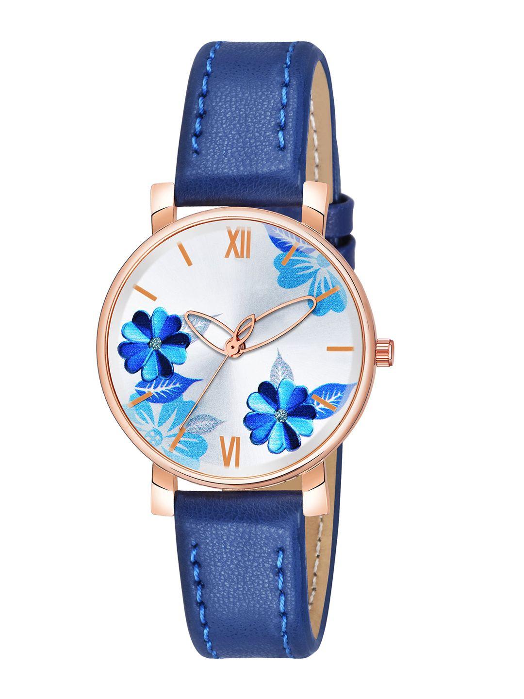 wuxi women blue brass printed dial & blue leather straps analogue watch