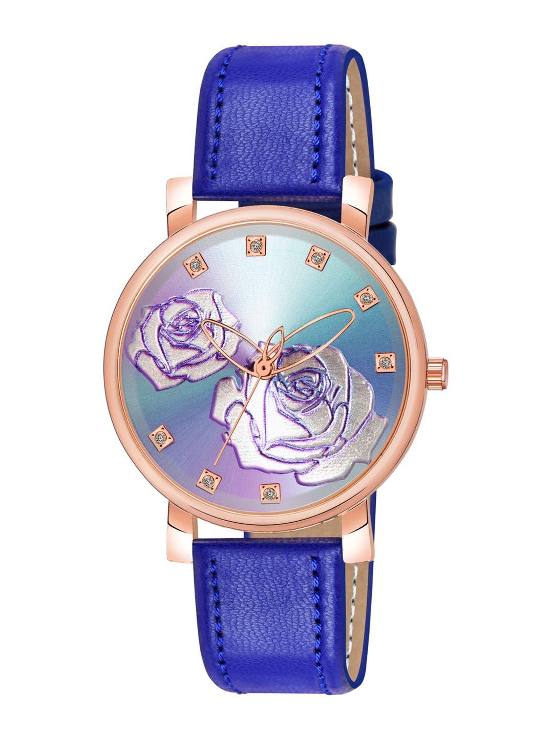 wuxi women brass embellished dial & leather straps analogue watch m-875 blue