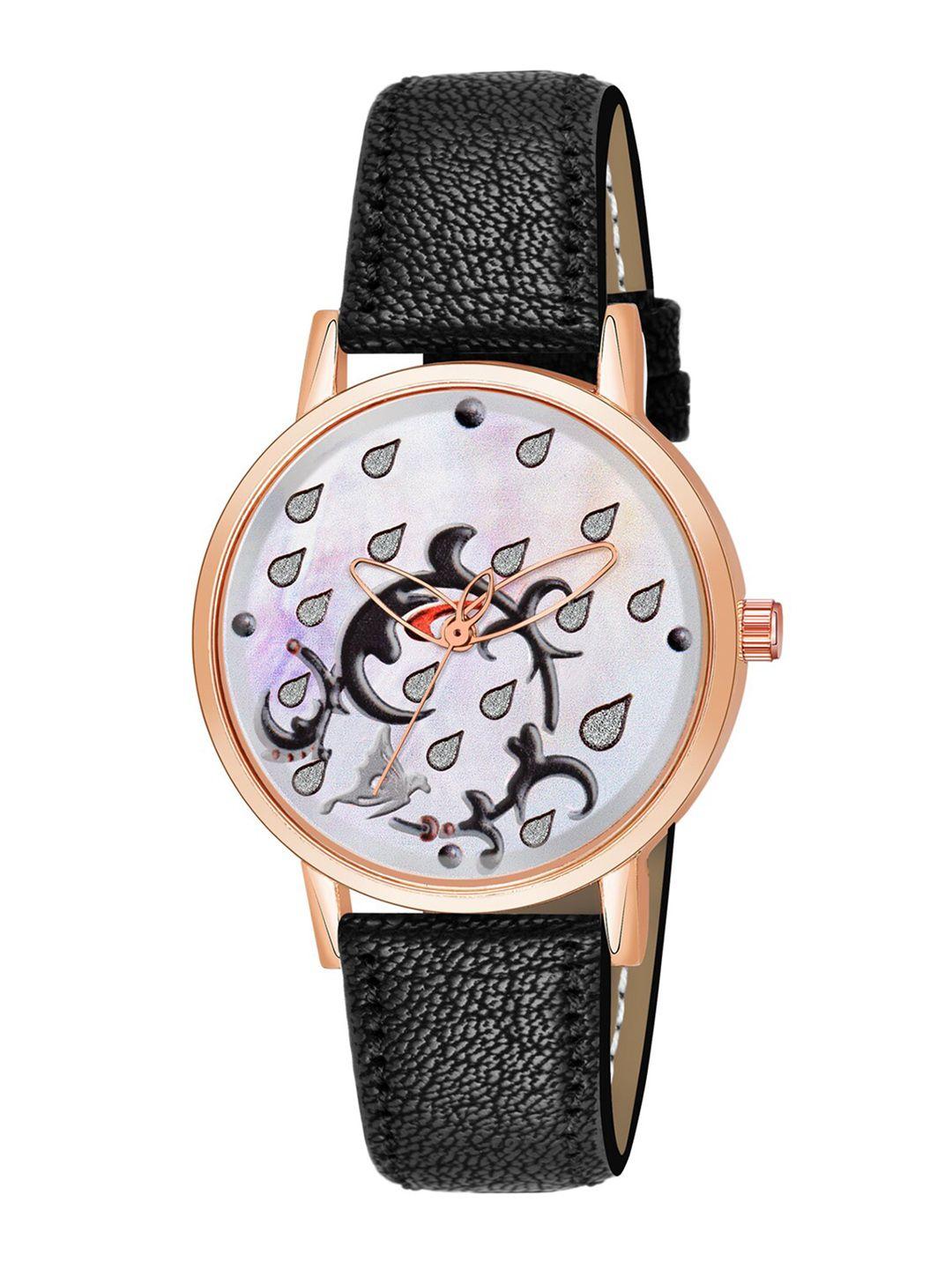 wuxi women brass printed dial & leather straps analogue watch m-876 black