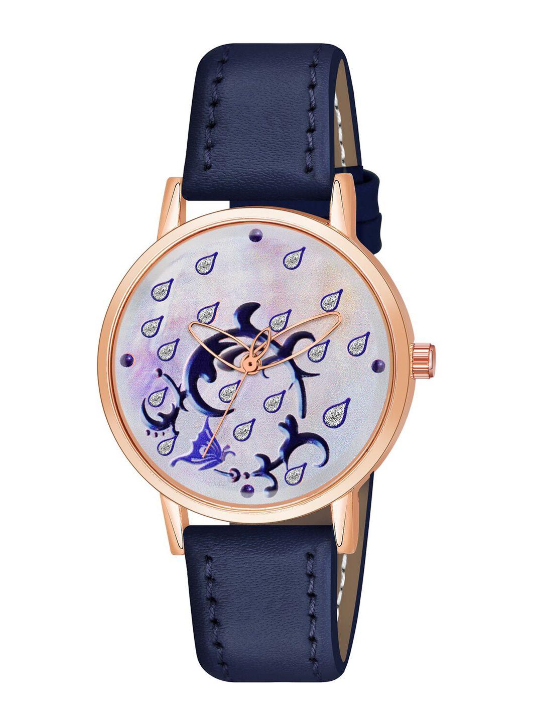 wuxi women brass printed dial & leather straps analogue watch m-876 blue
