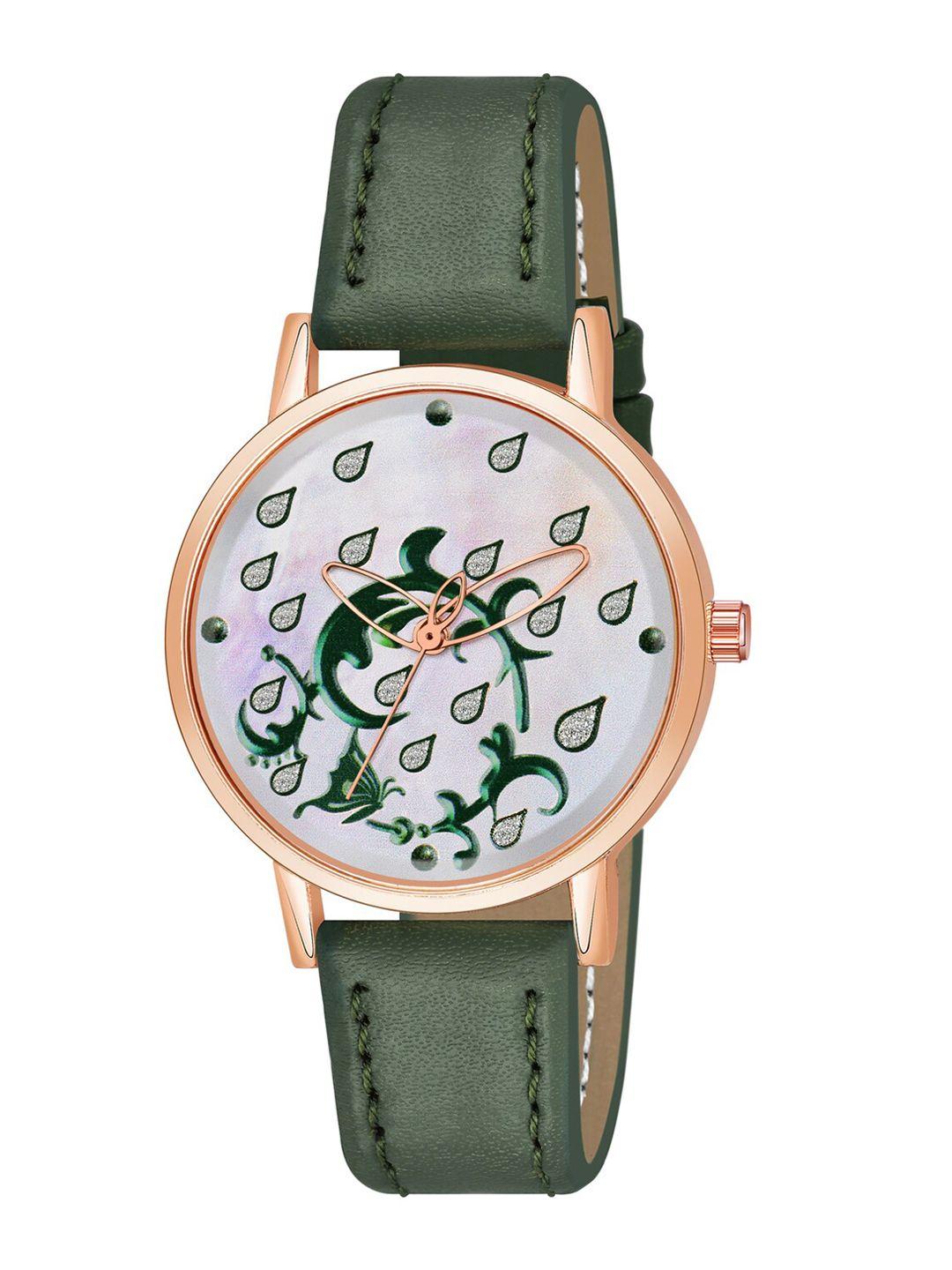 wuxi women brass printed dial & leather straps analogue watch m-876 green