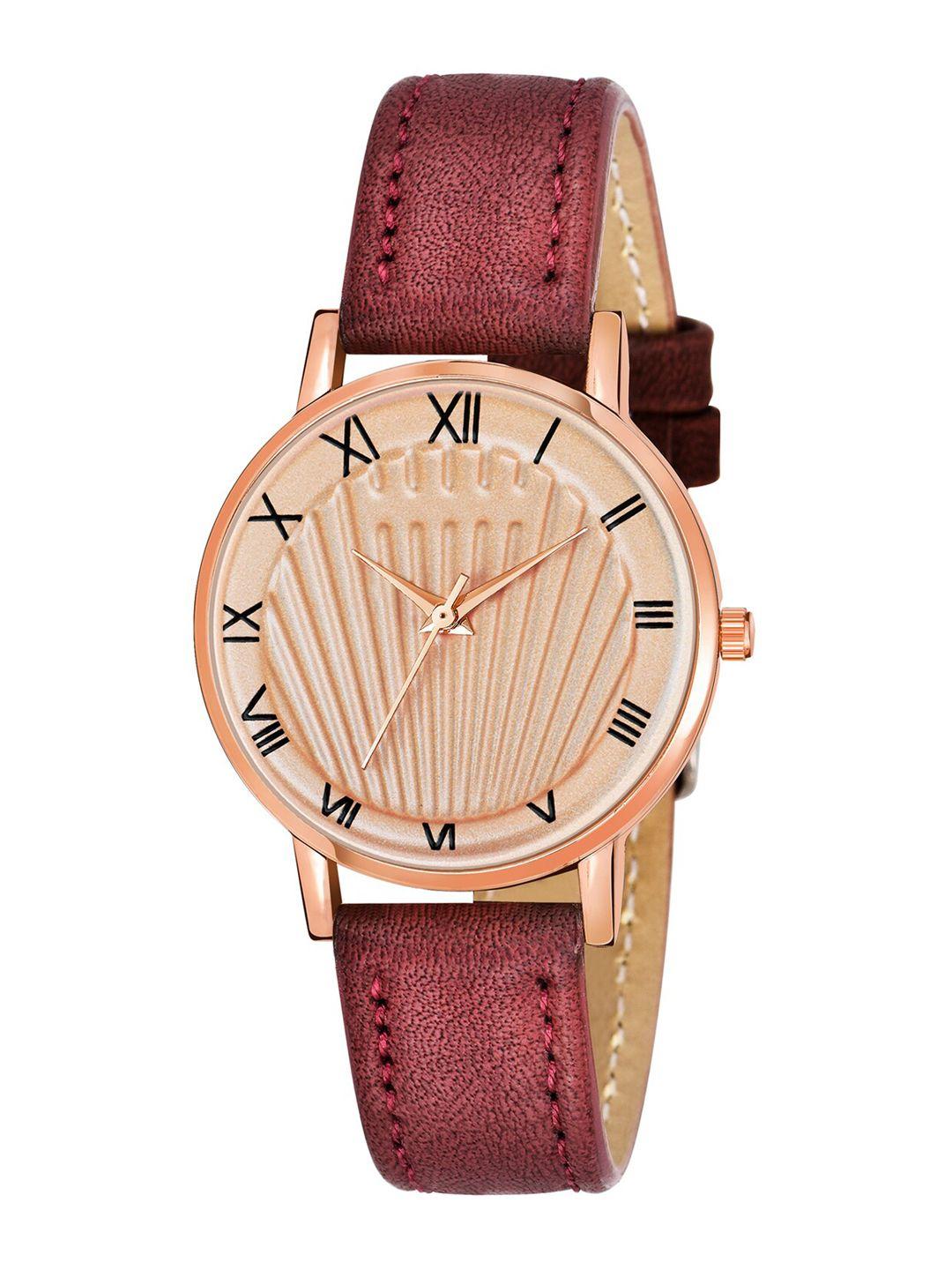 wuxi women copper-toned brass dial & red leather straps analogue watch