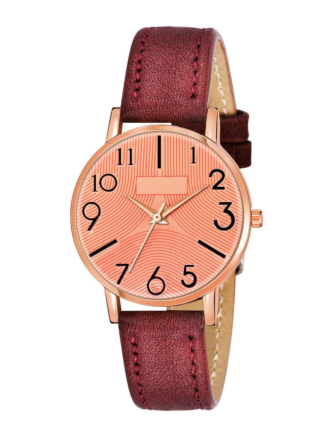 wuxi women copper-toned brass dial & red leather straps analogue watch