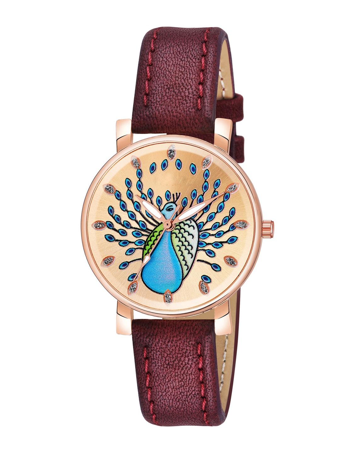 wuxi women copper-toned brass printed dial & red leather straps analogue watch
