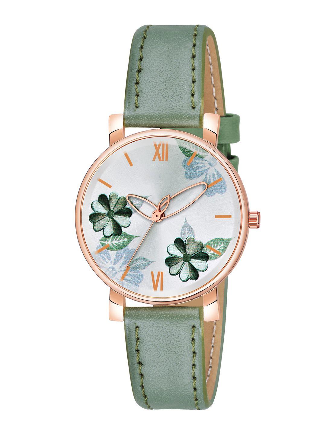 wuxi women green brass printed dial & green leather straps analogue watch 866-green-green