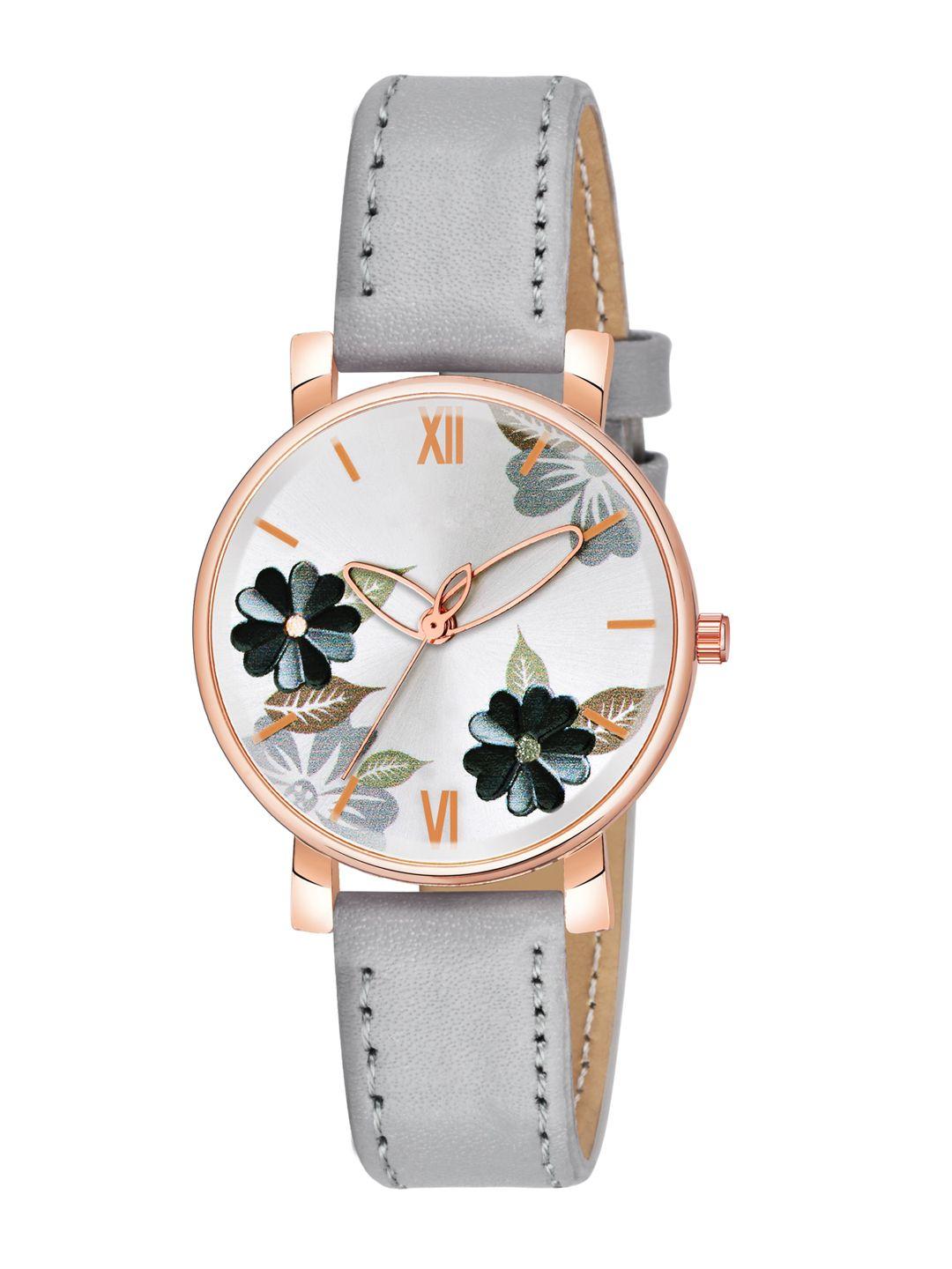 wuxi women grey brass printed dial & grey leather straps analogue watch-866