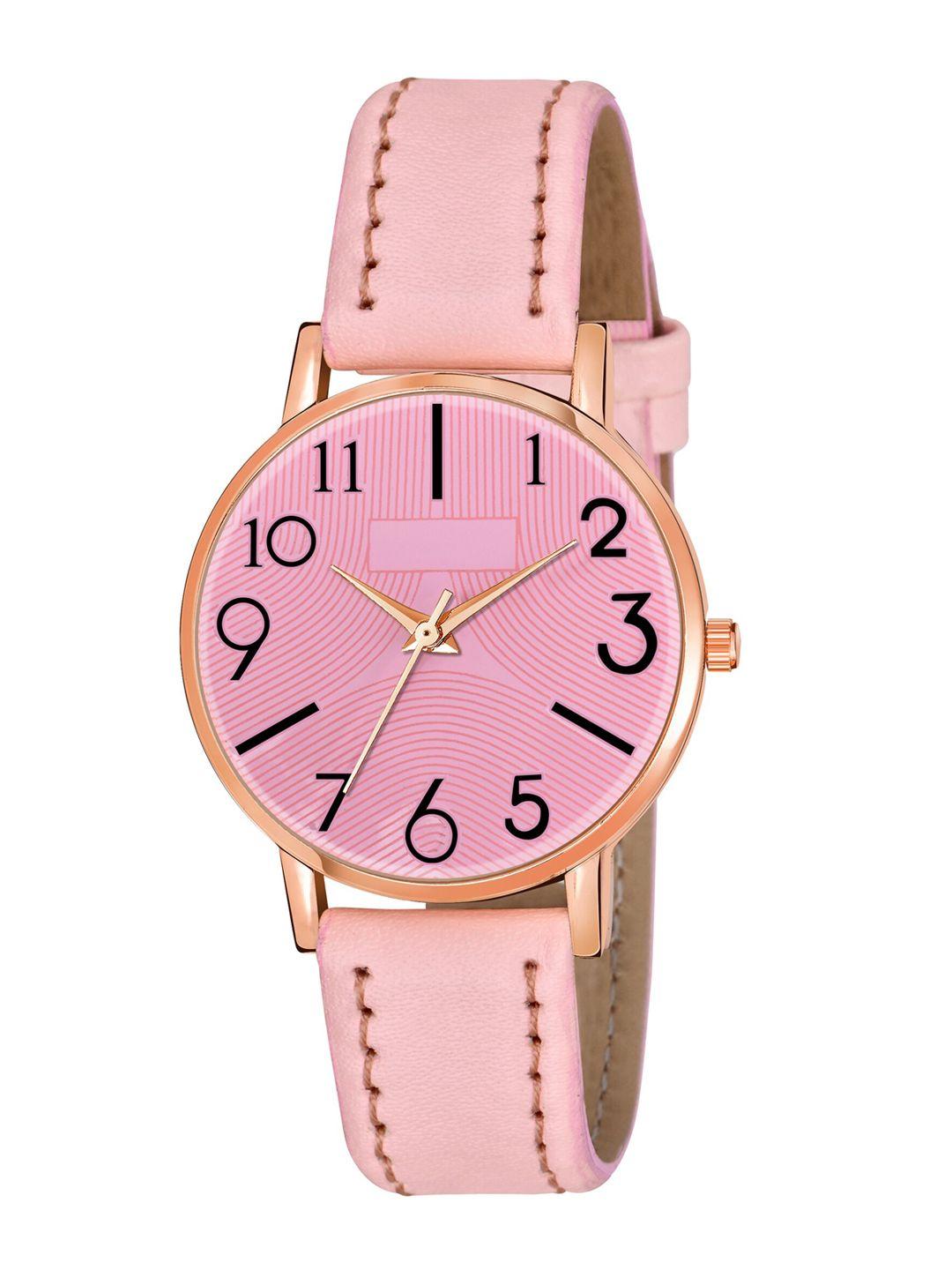 wuxi women pink brass dial & pink leather straps analogue watch-859