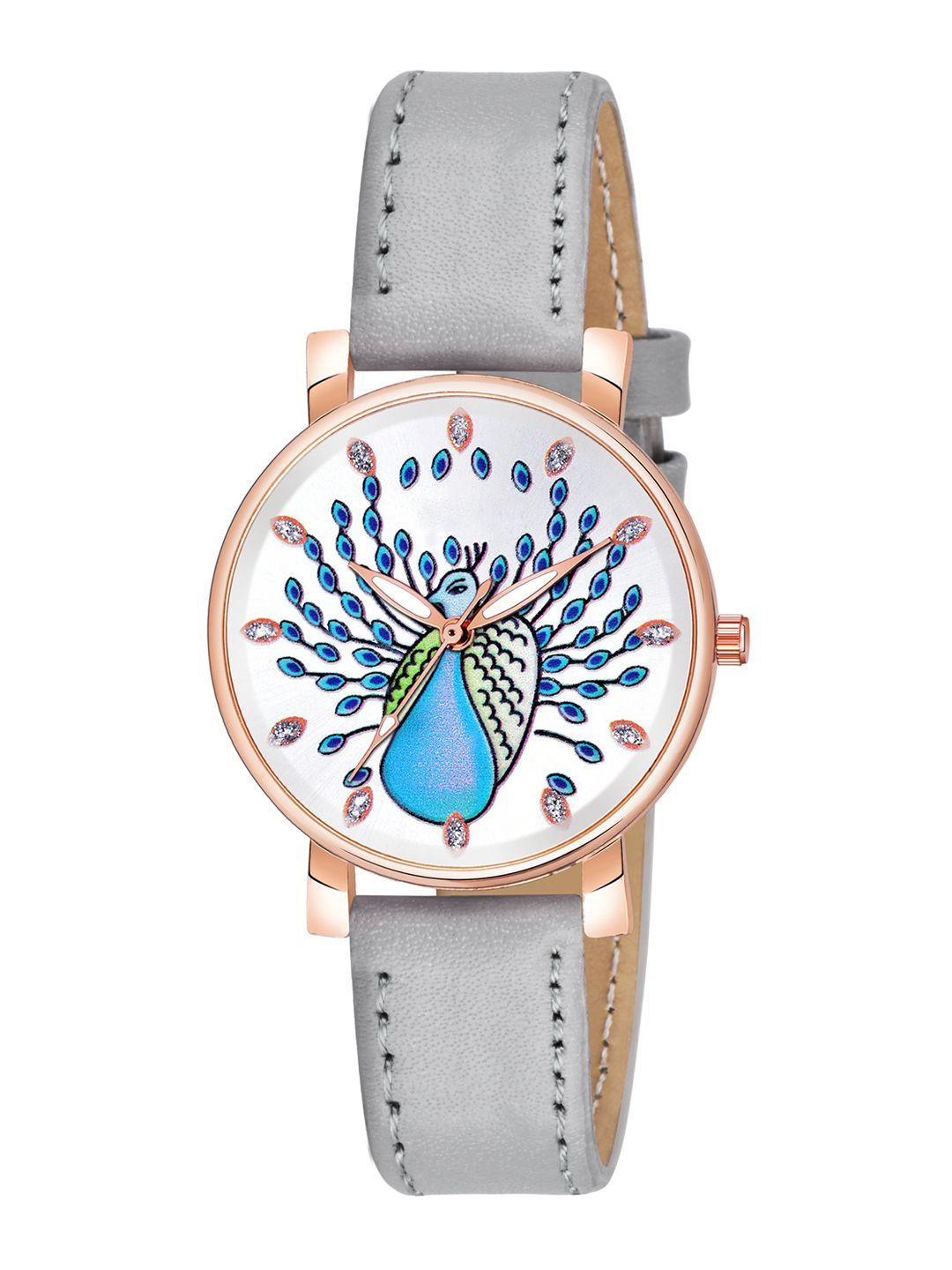 wuxi women white brass printed dial & grey leather straps analogue watch