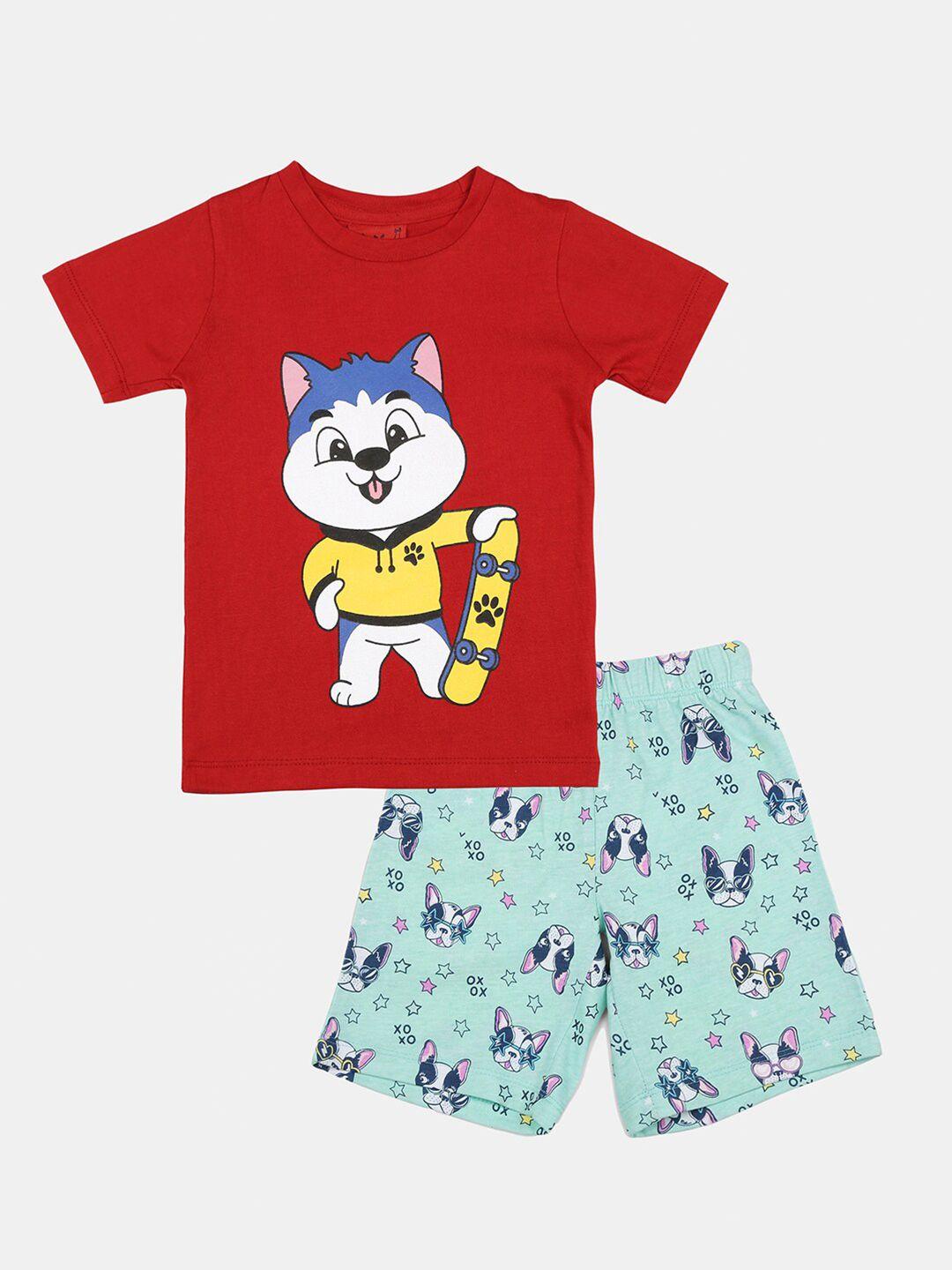 wyld sprog boys red & blue graphic printed printed pure cotton t-shirt shorts clothing set