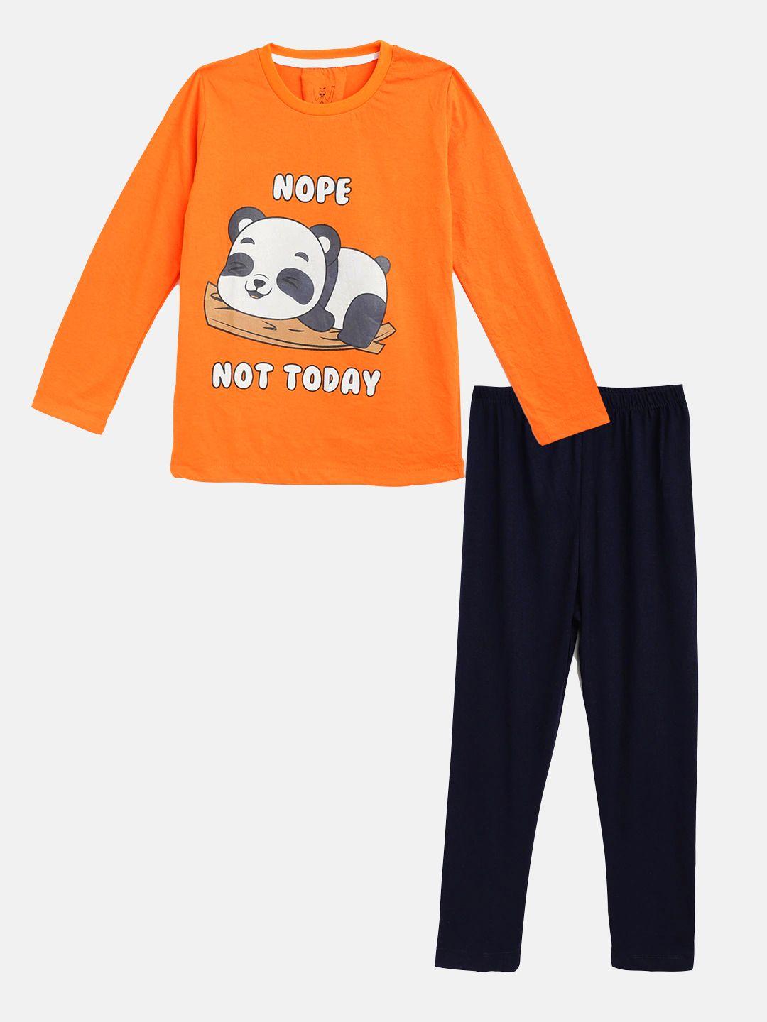 wyld sprog boys orange & black lazy panda printed cotton night suit