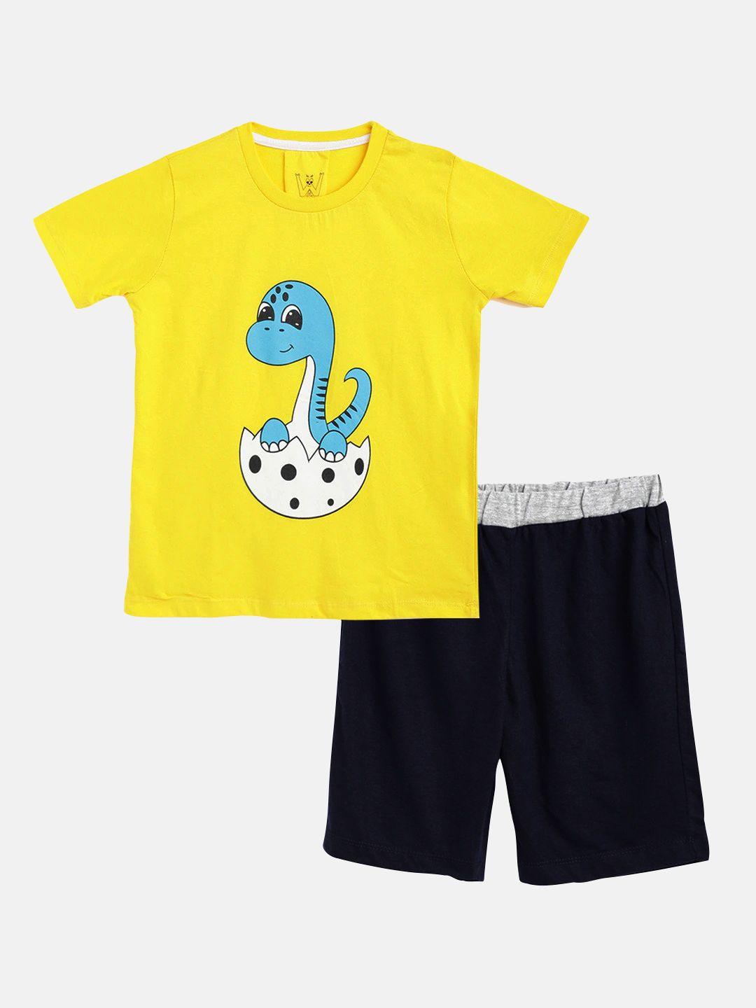 wyld sprog boys yellow & black dino printed cotton t-shirt with shorts