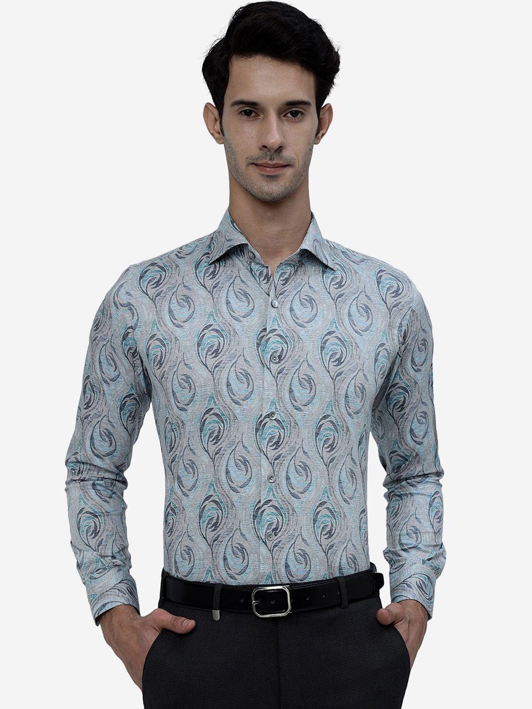 wyre slim fit abstract printed denim weave pure cotton formal shirt