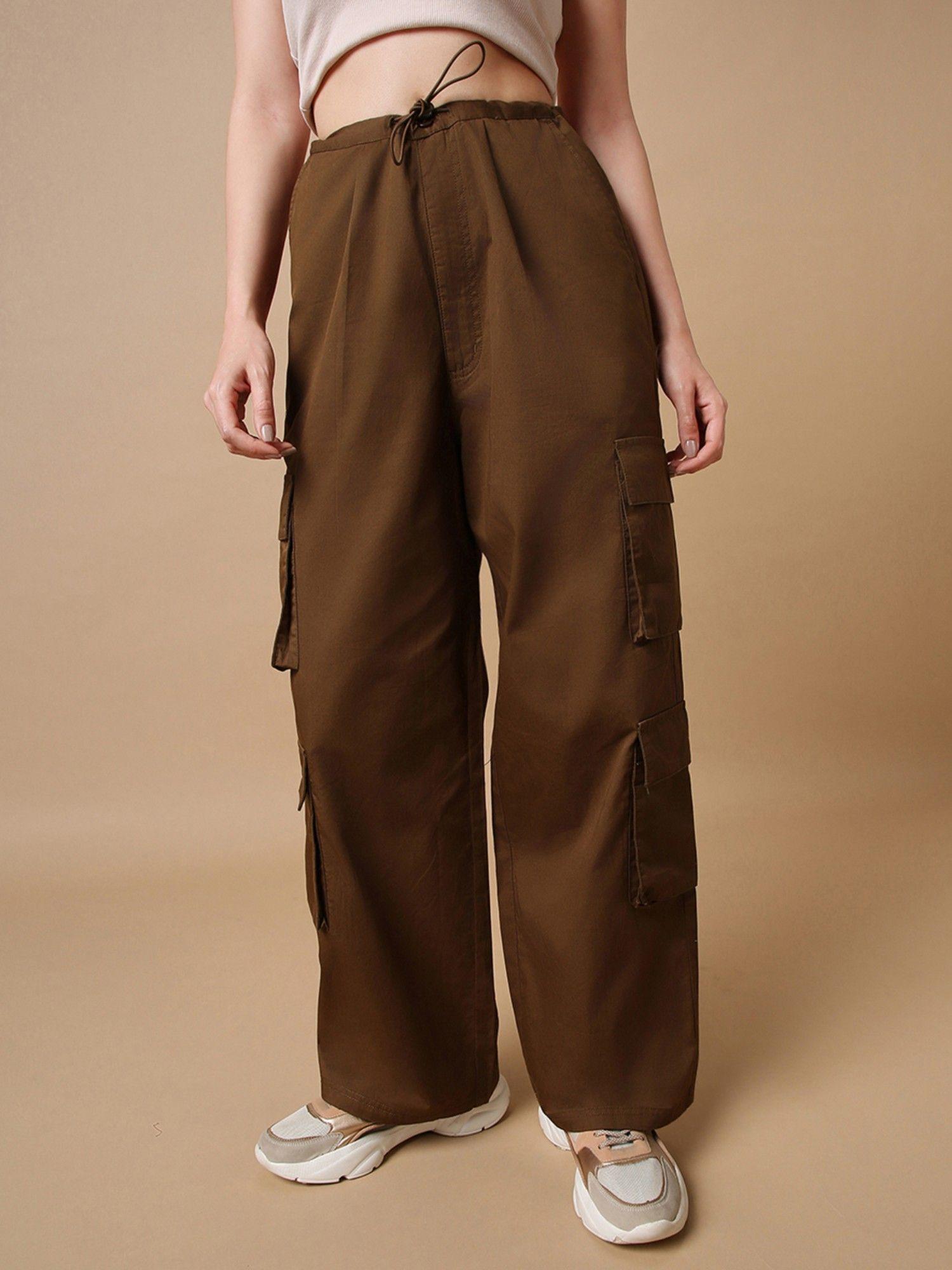 x womens brown oversized cargo parachute pants