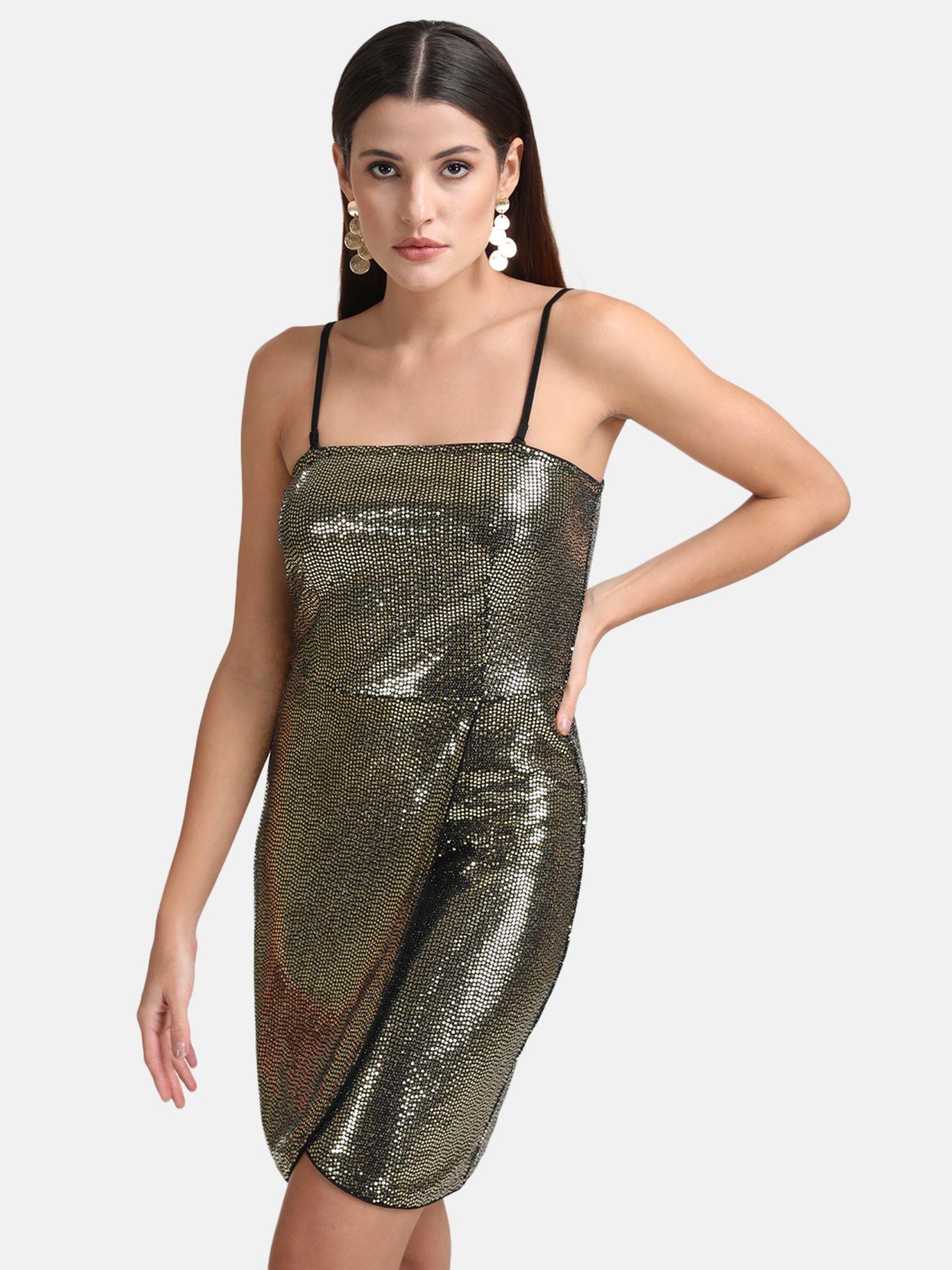 x janhvi kapoor gold wrap stick-on sequin mini dress