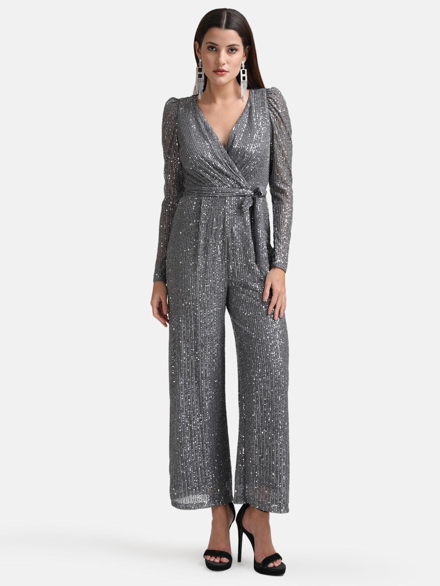 x janhvi kapoor grey sequin wrap jumpsuit with belt (set of 2)