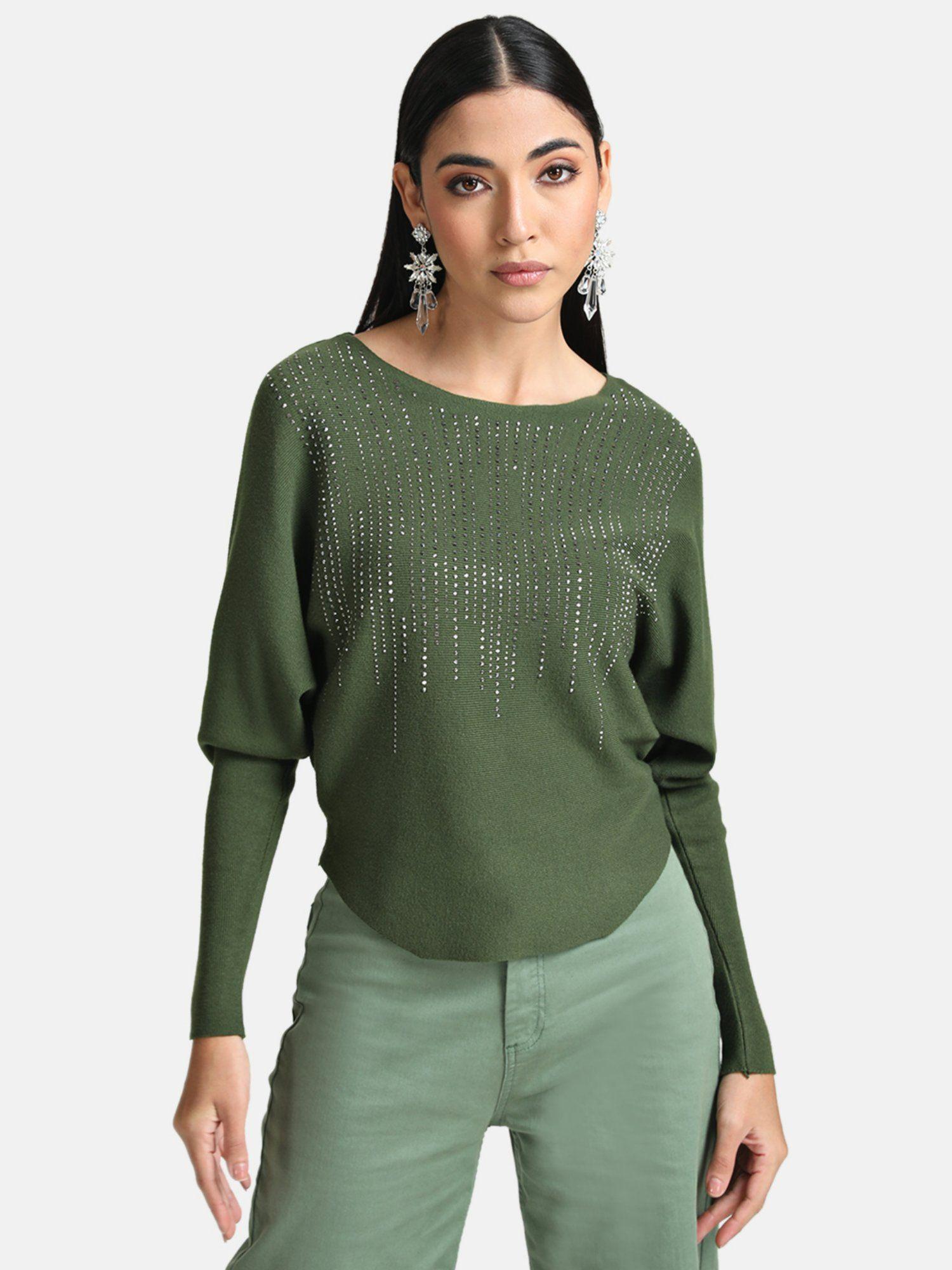 x janhvi kapoor olive batwing pullover with heat studs
