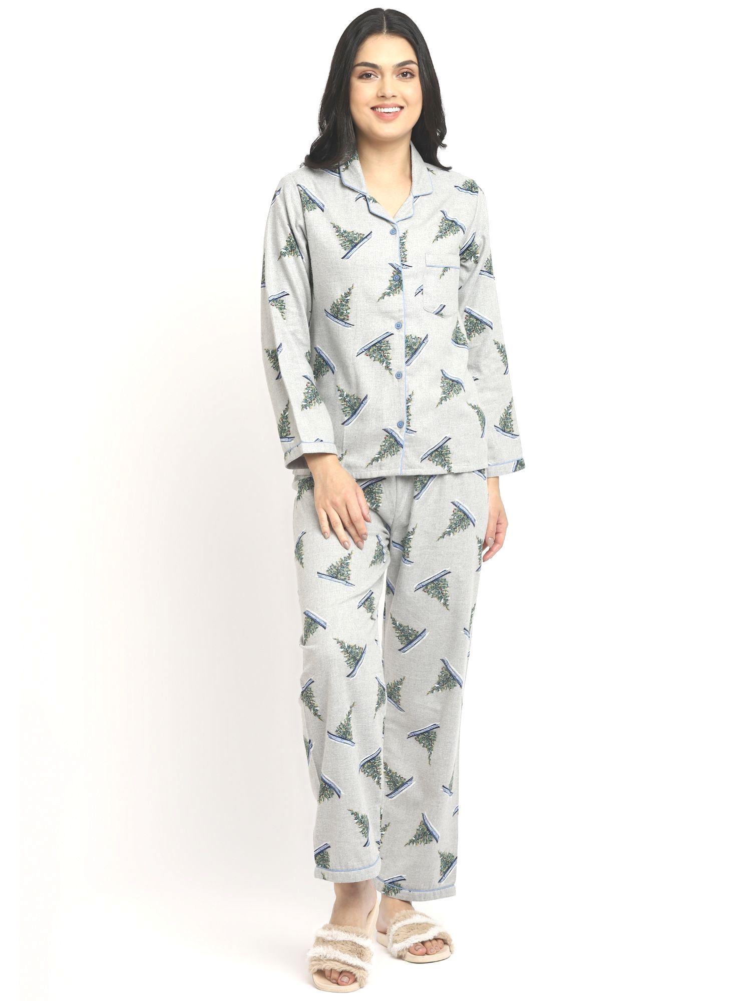 x-mas tree print cotton flannel long sleeve women's night suit - grey