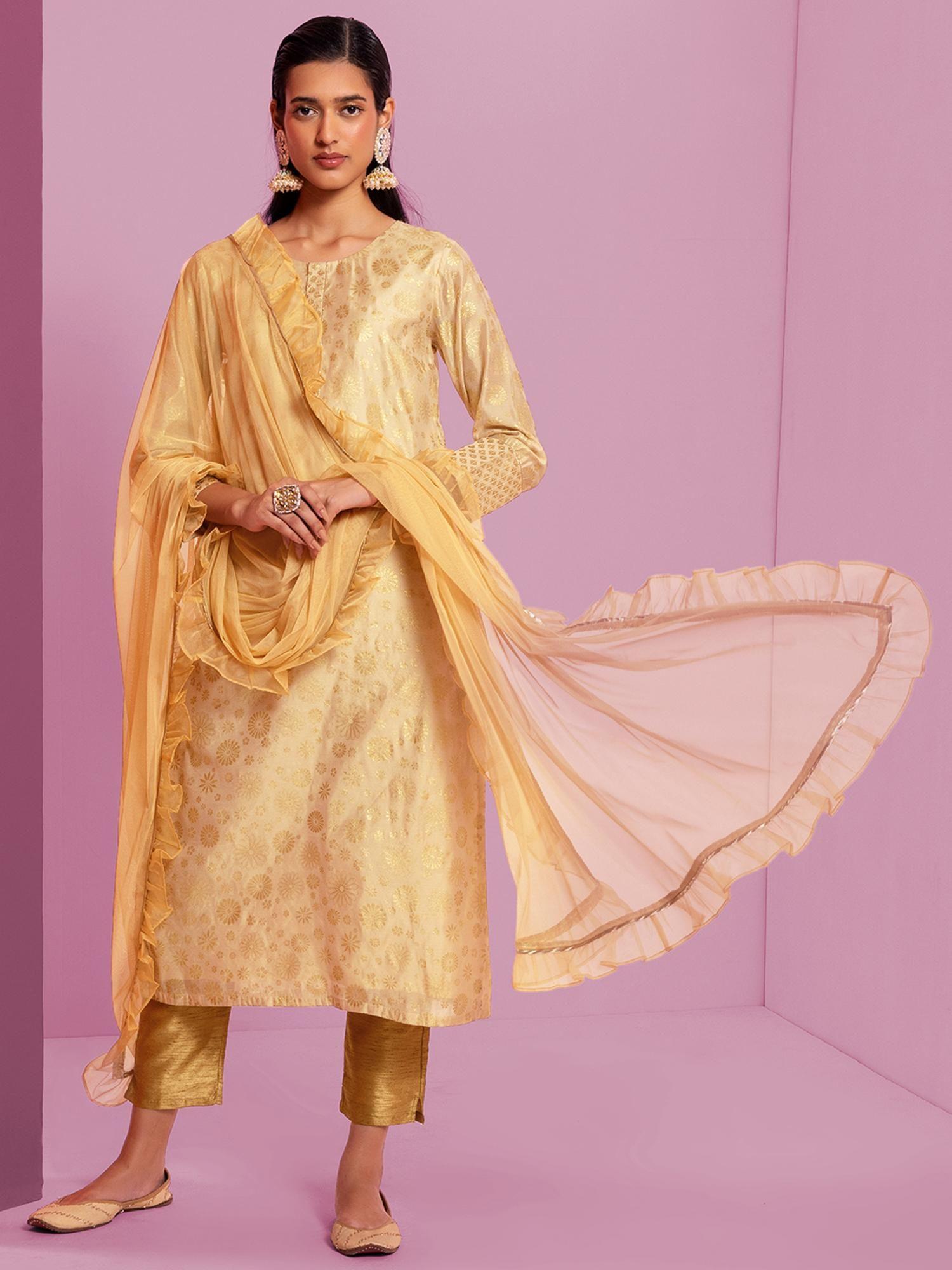 x nachiket beige foil print chanderi straight kurta