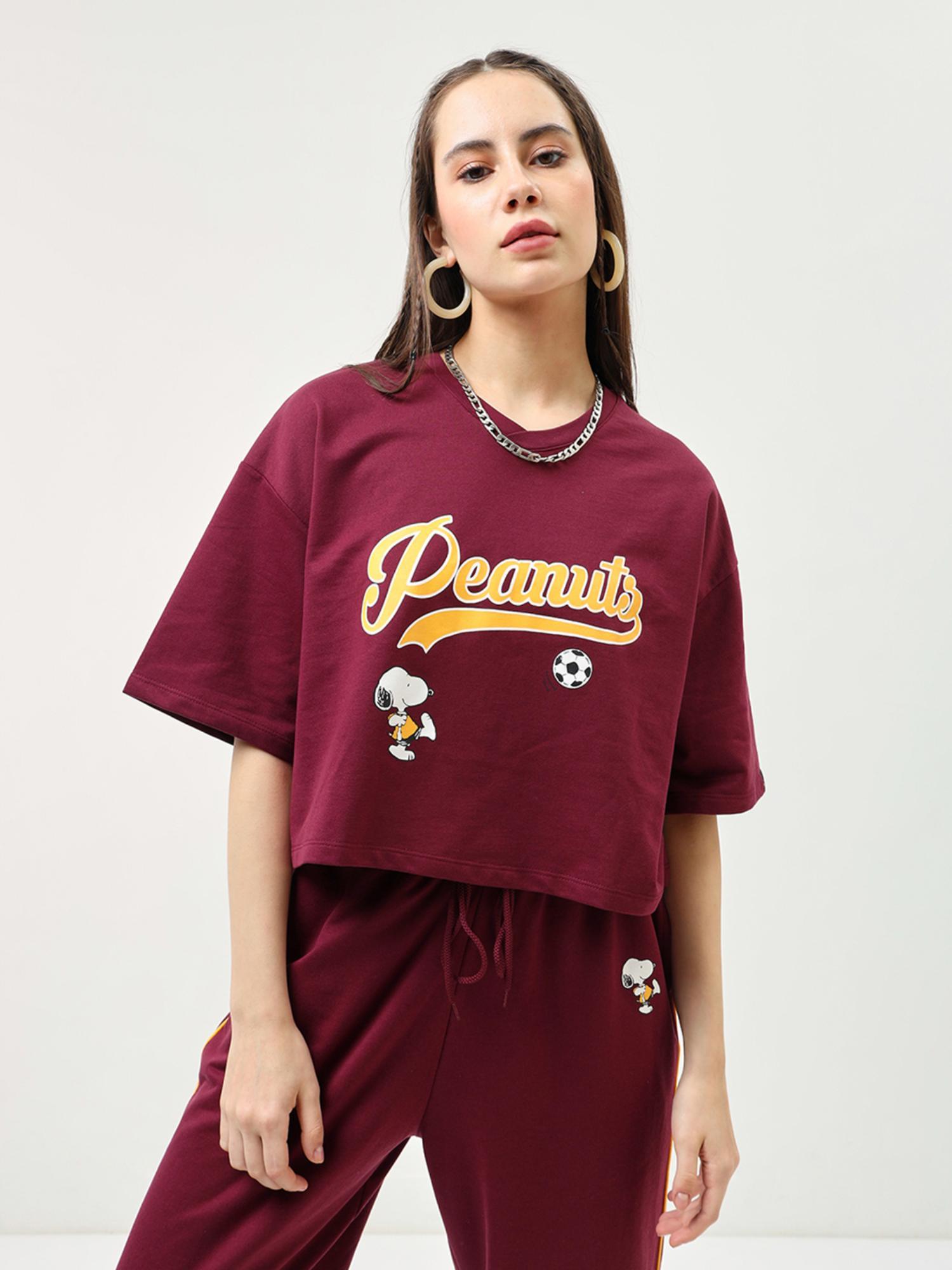 x peanuts women's maroon peanuts graphic printed oversized short top