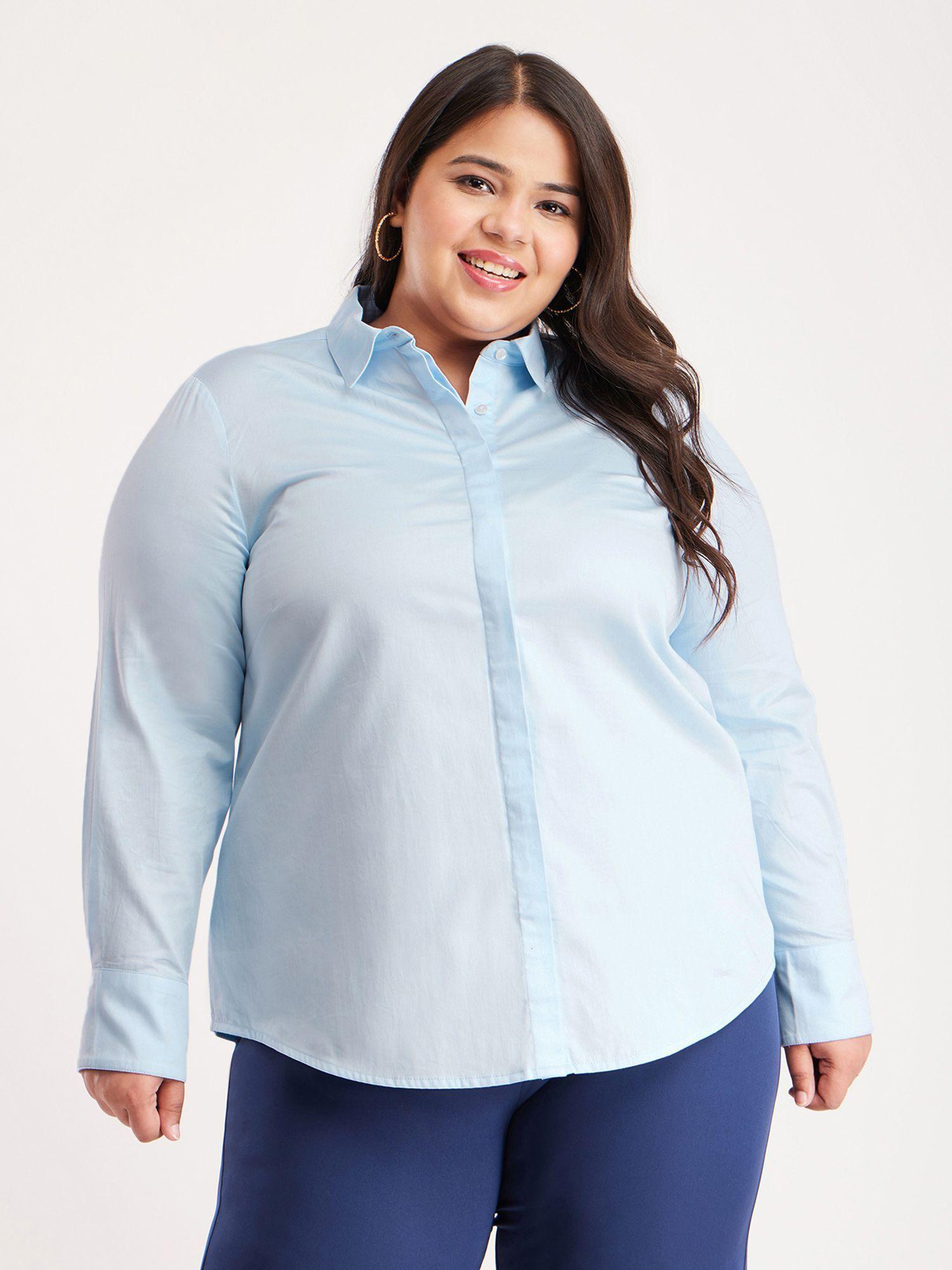 x plus size cotton satin regular shirt - light blue