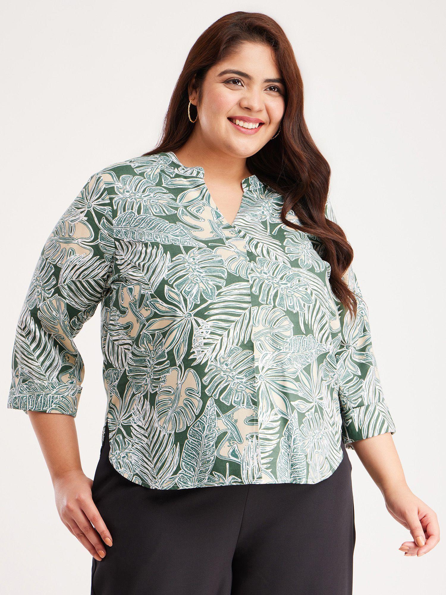 x plus size floral mandarin neck top - green and beige