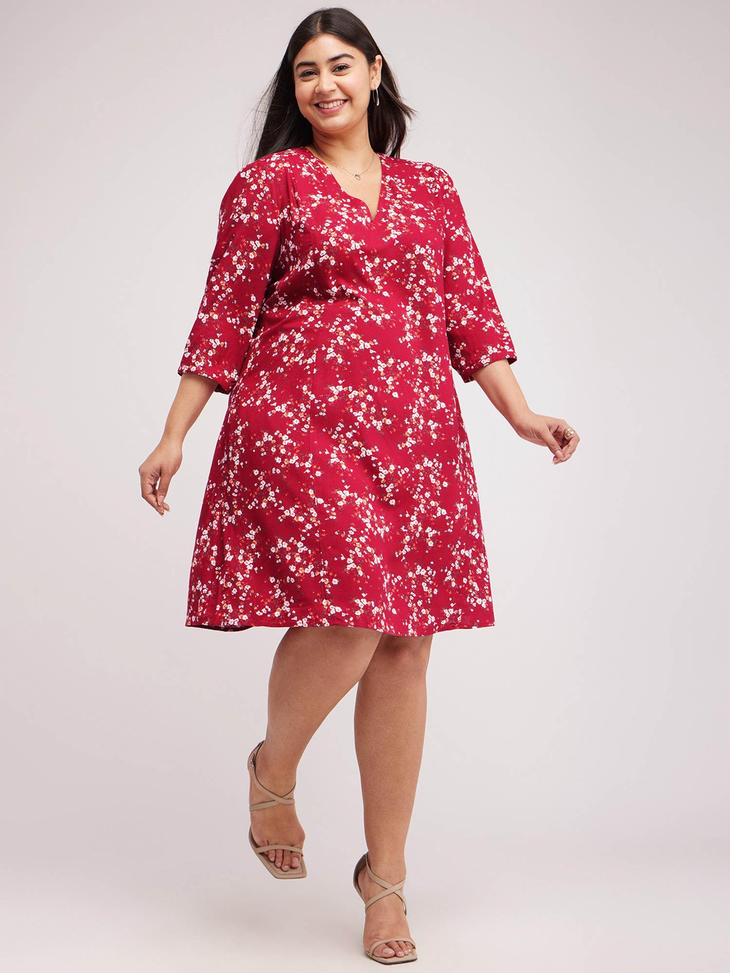 x plus size floral print a-line dress - red