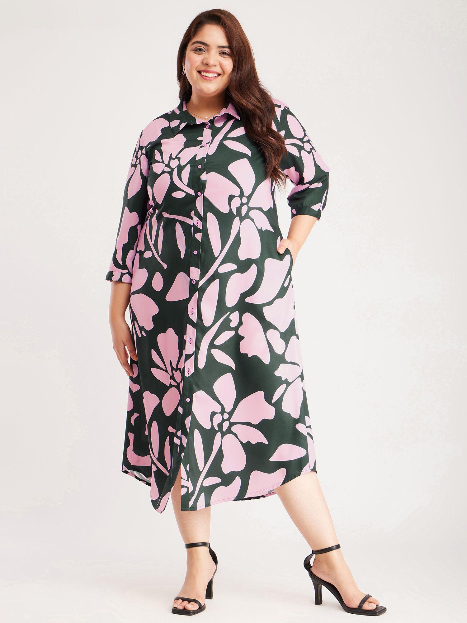 x plus size floral print shirt dress - pink and green