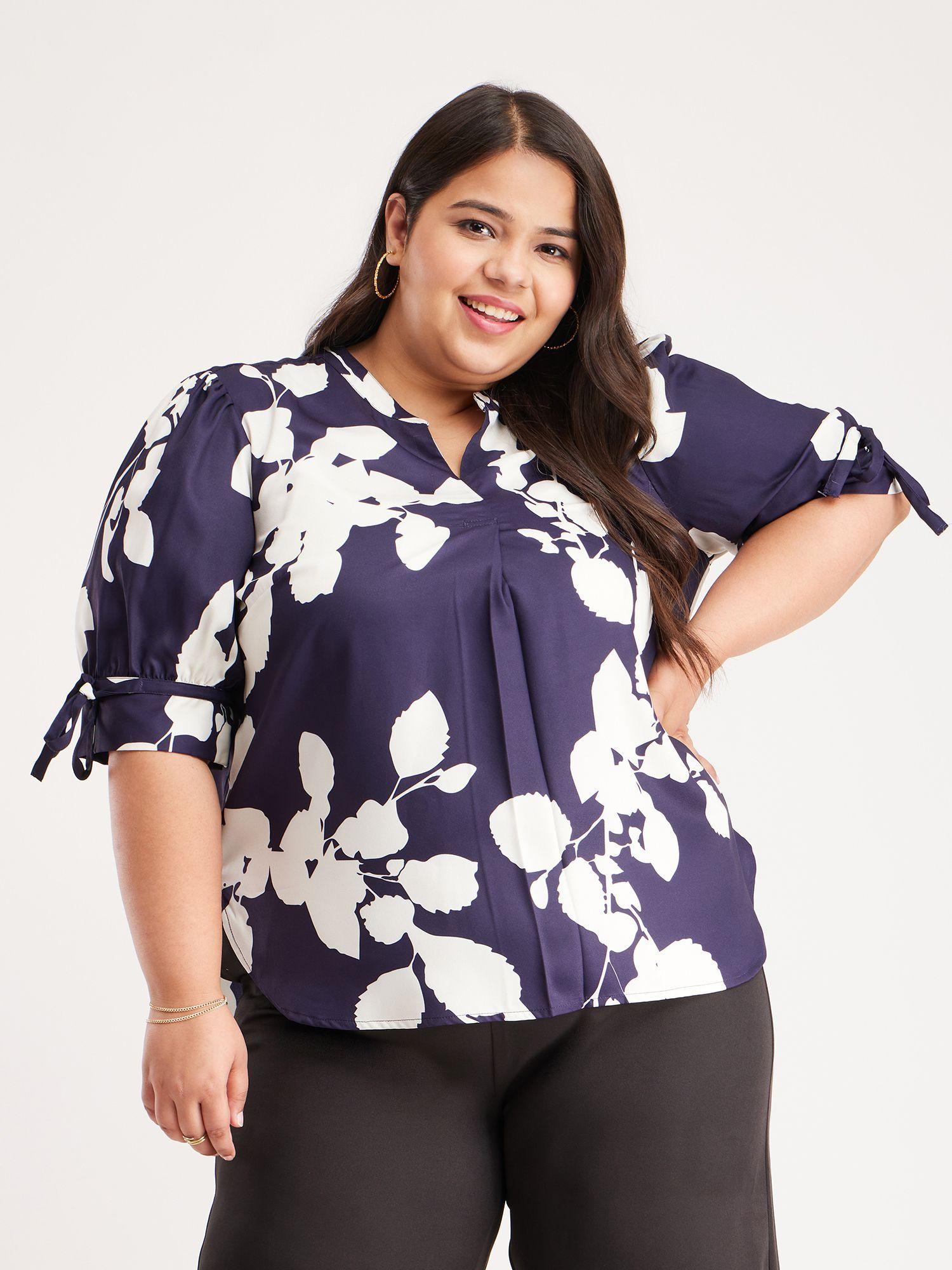 x plus size floral print tie-up top - navy blue and off white