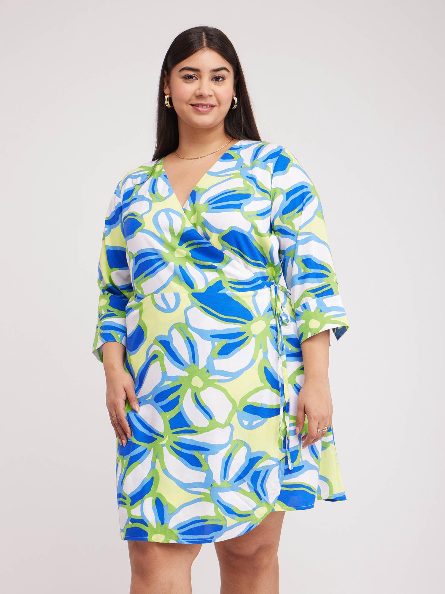 x plus size floral print wrap dress - green and white