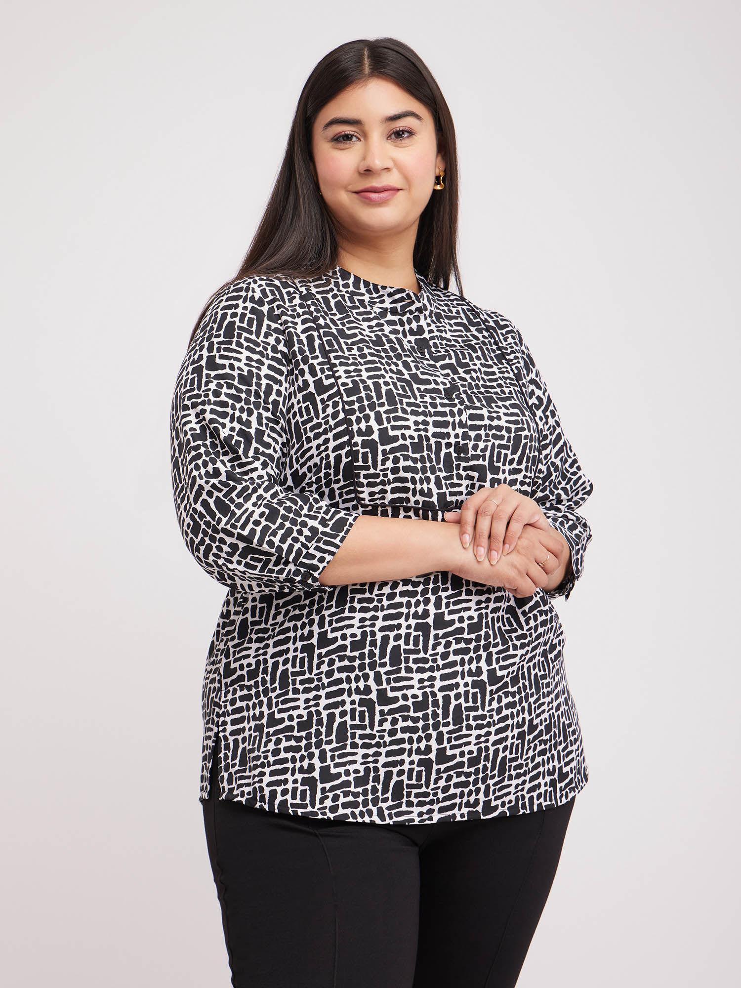 x plus size geometric print top - white and black