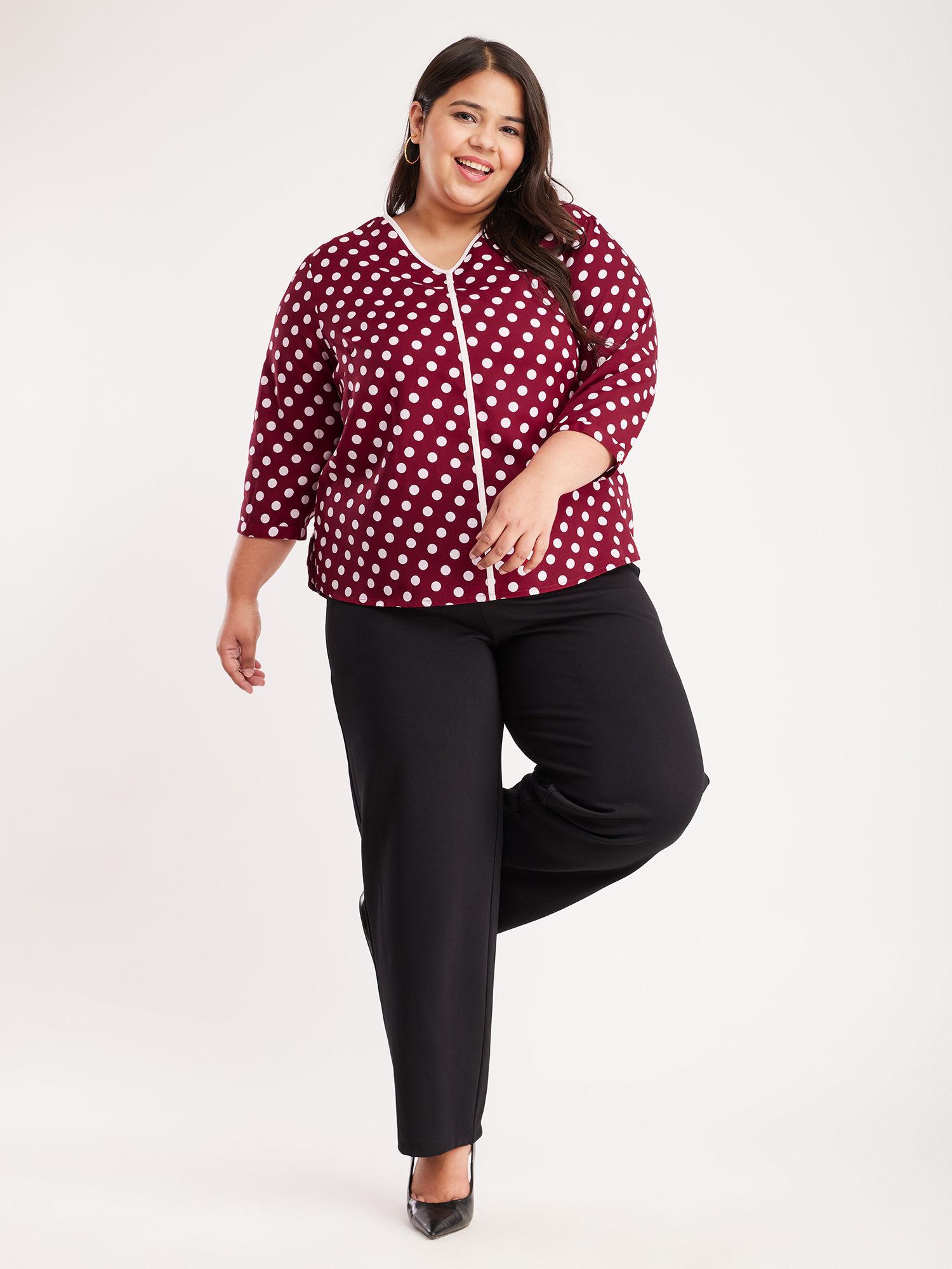 x plus size polka dot print top - maroon and white