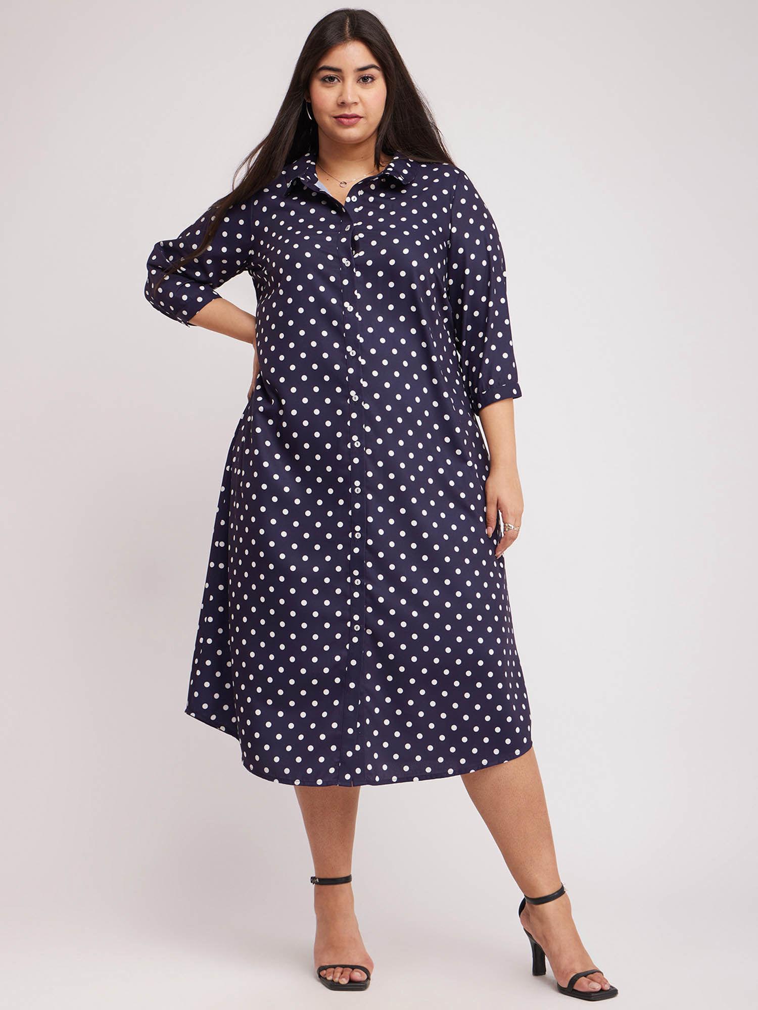 x plus size polka print shirt dress - navy blue and white