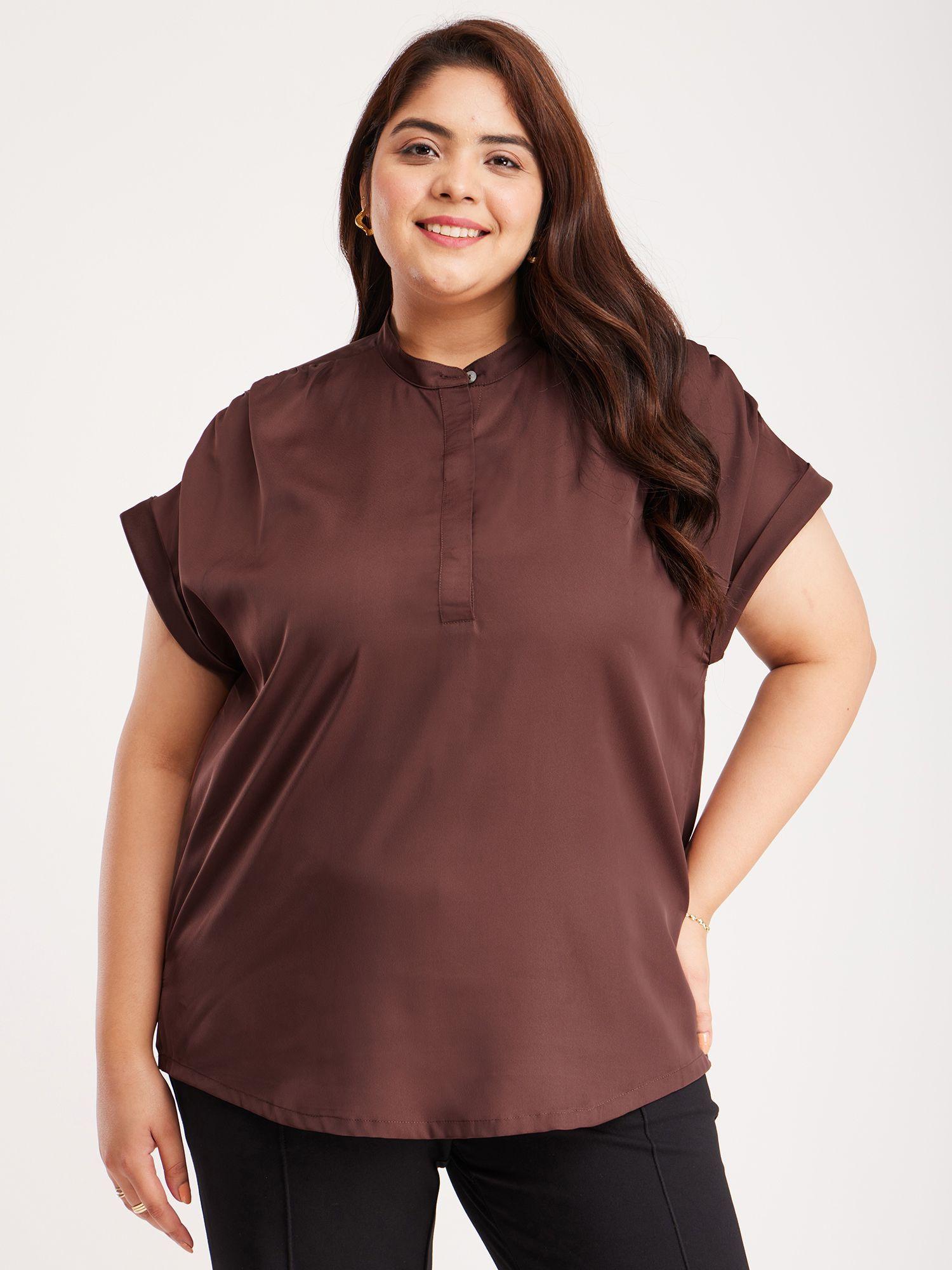 x plus size satin drop shoulder top - brown