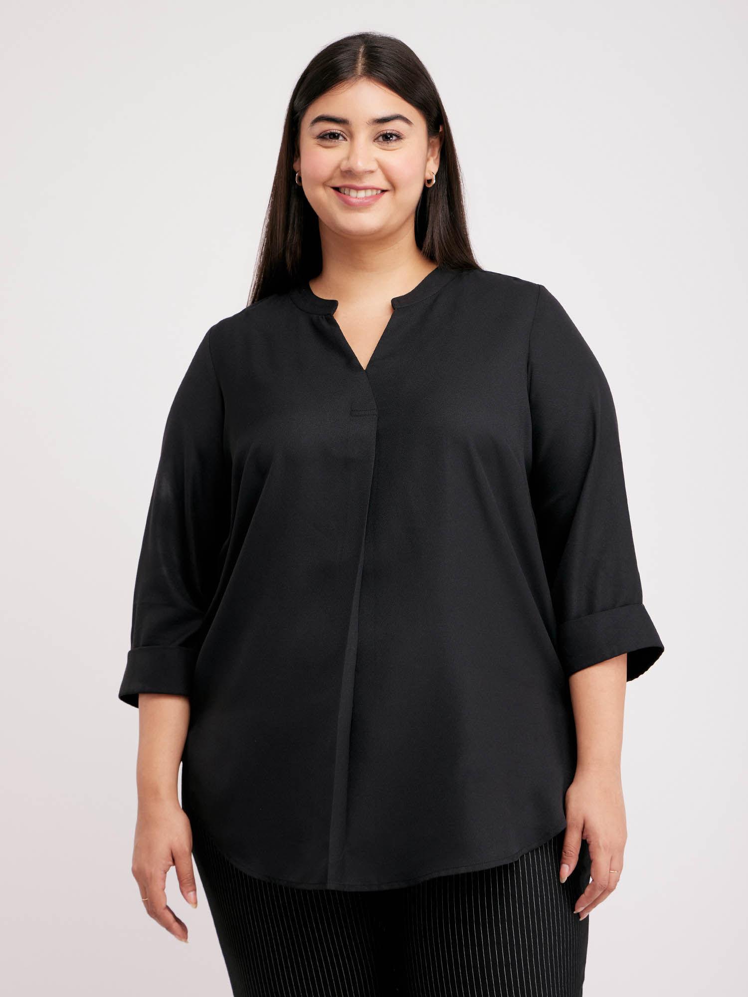 x plus size satin mandarin neck top - black