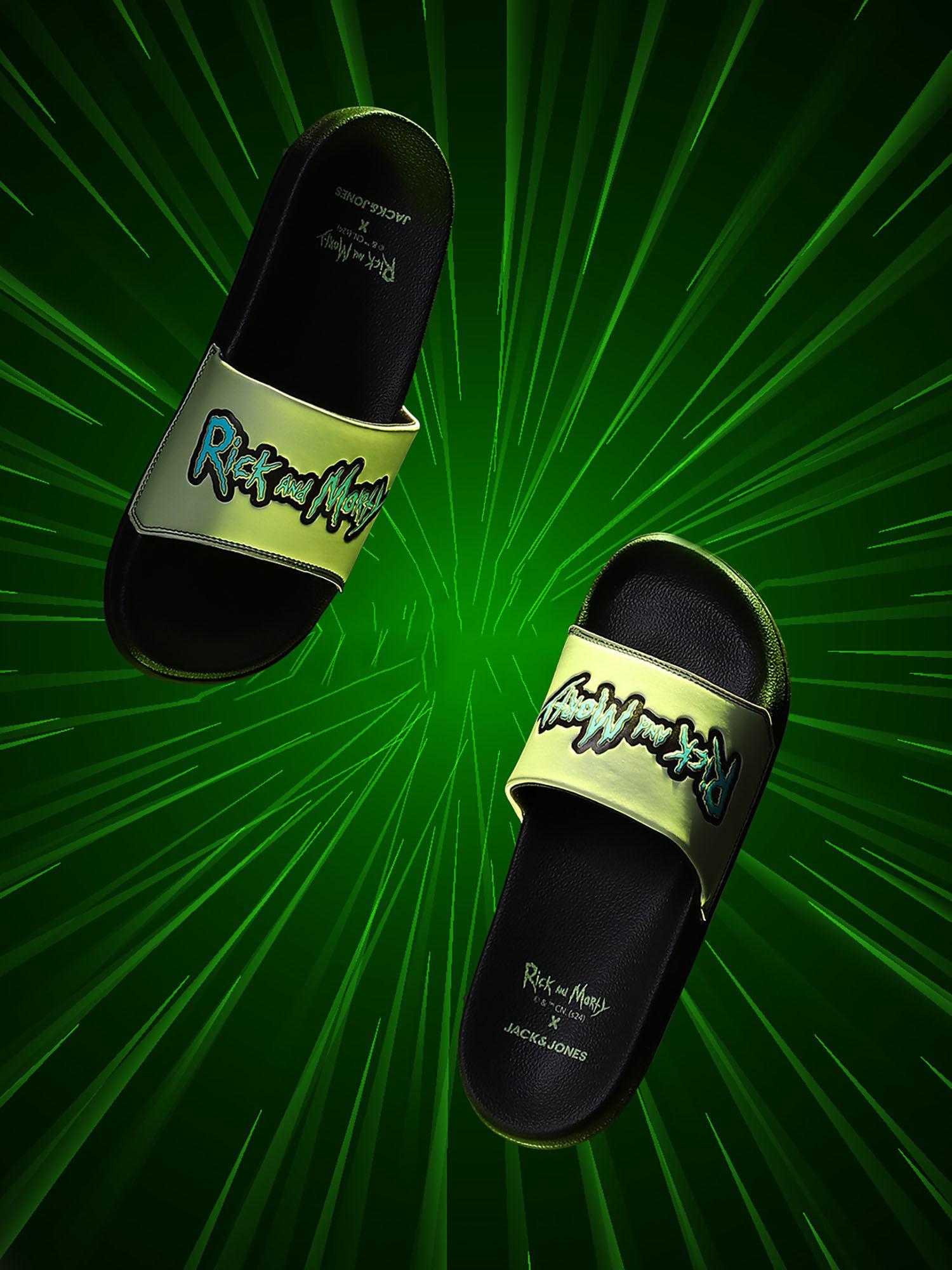 x rick & morty green typographic print sliders