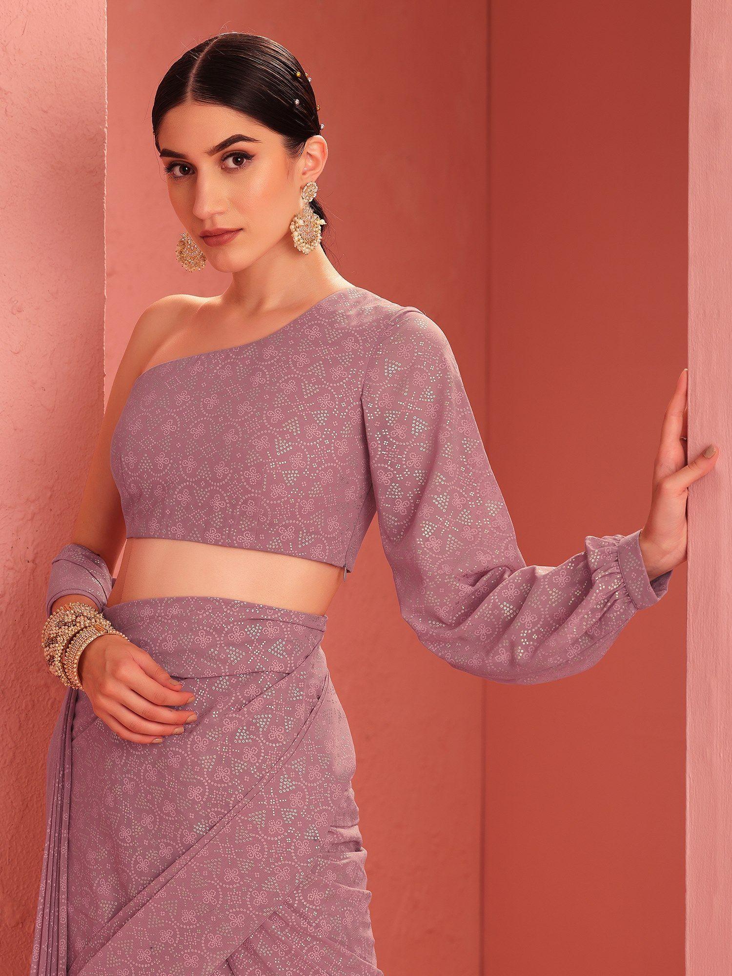 x ridhi mehra mauve foil printed one shoulder top