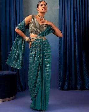 x rohit gandhi & rahul khanna mukaish print pre-stitched saree with blouse & belt