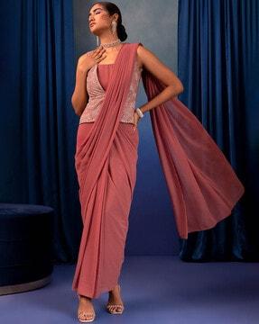 x rohit gandhi & rahul khanna pre-stitched saree with attached zari embroidered peplum blouse