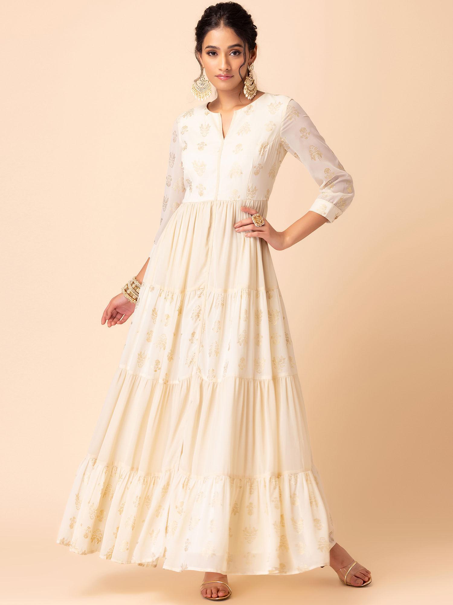 x samant chauhan ivory foil print tiered anarkali kurta