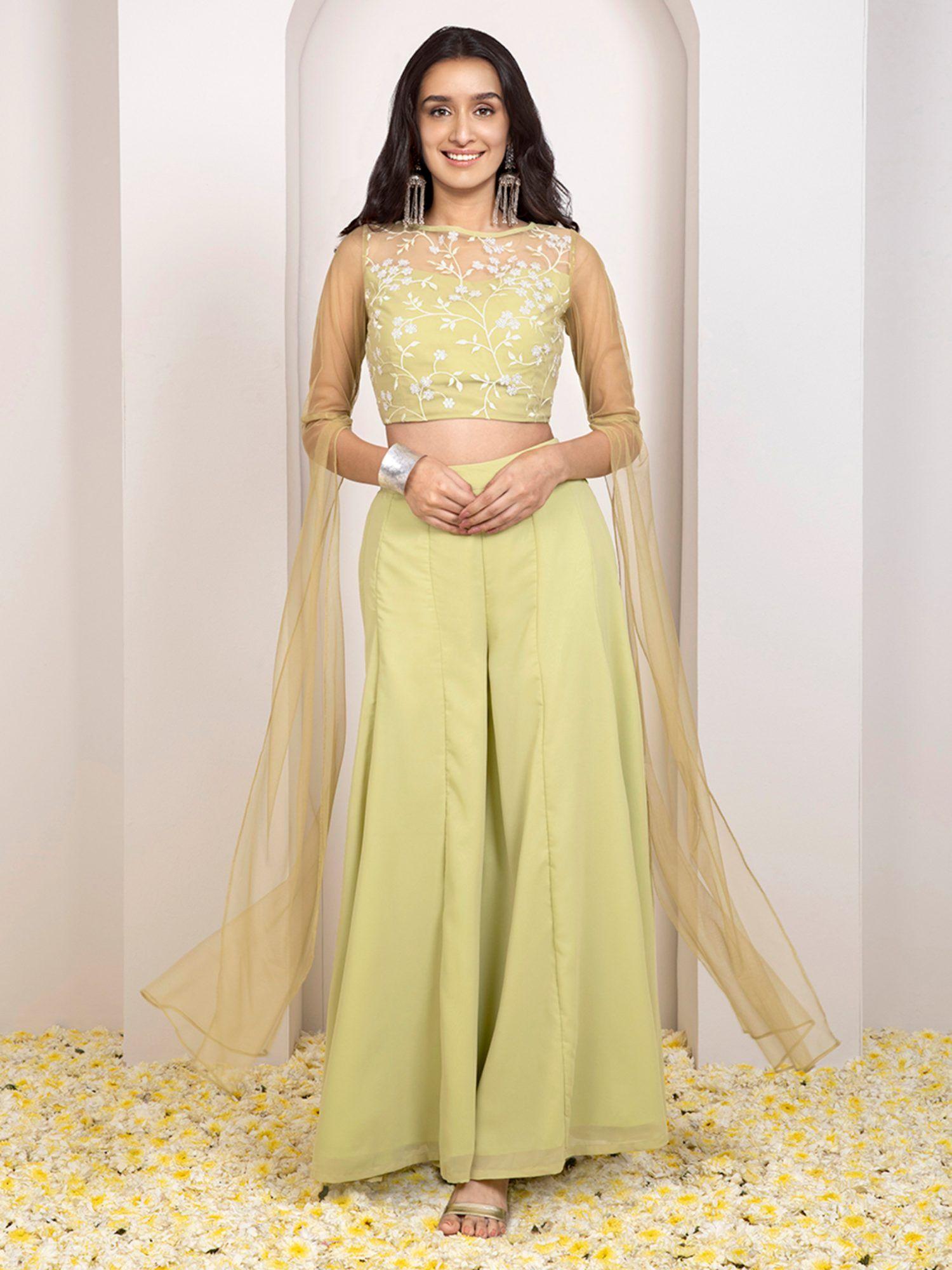 x shraddha kapoor lime embroidered maxi sleeve crop top