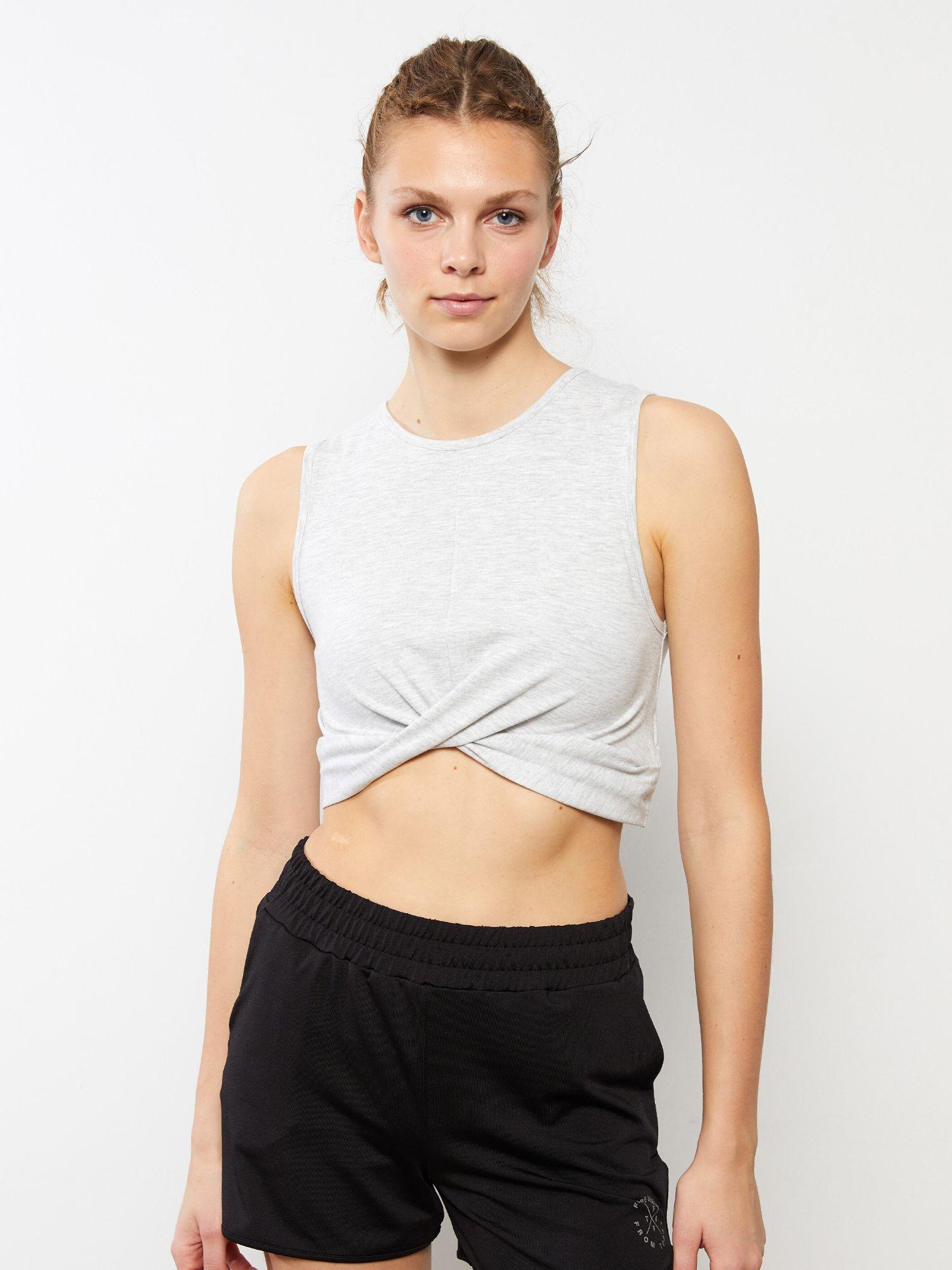 x-side knit grey front knot detail crop top